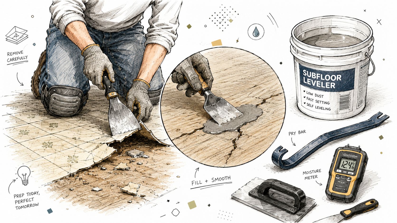 A professional construction worker preparing a subfloor by removing old vinyl tiles and filling cracks with leveler.