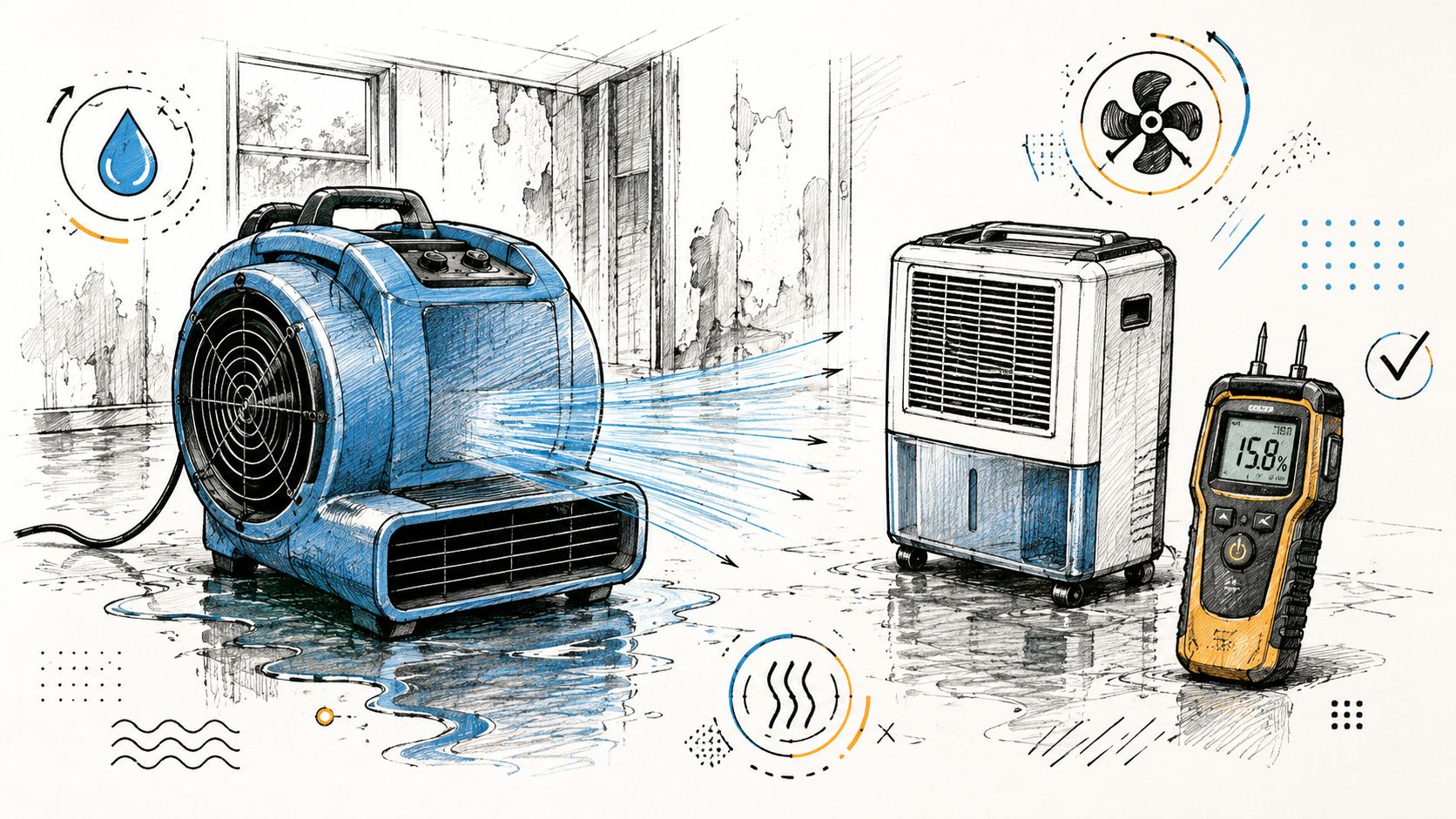 A professional water damage restoration scene featuring an air mover, a dehumidifier, and a digital moisture meter.