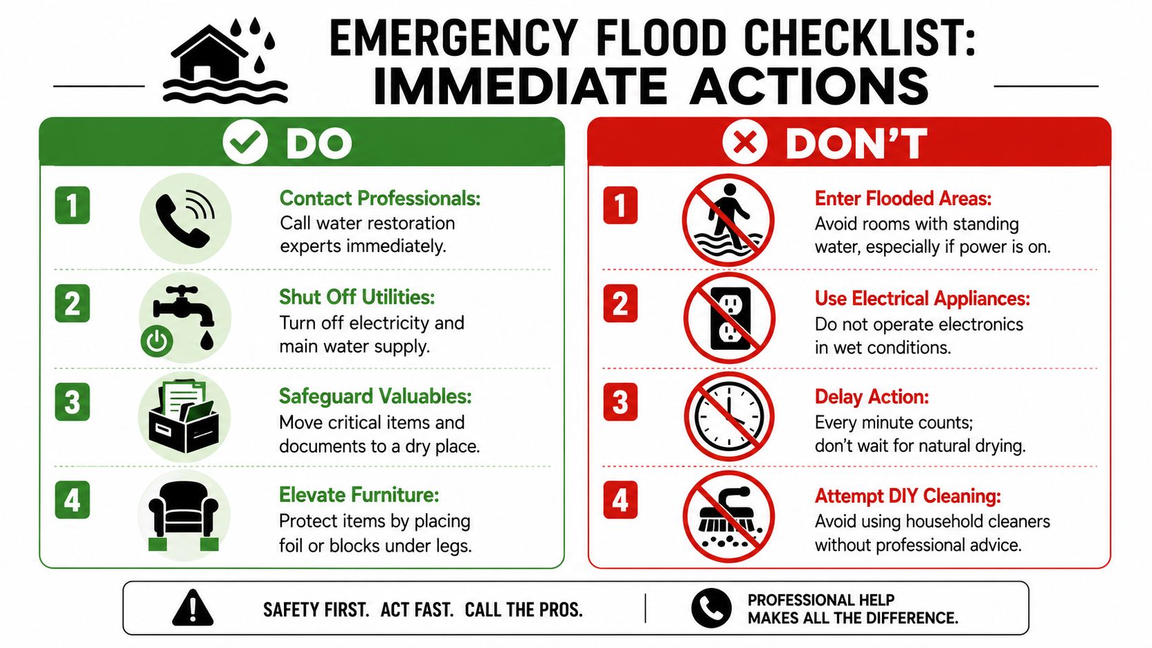 An emergency flood checklist infographic showing do's and don'ts for immediate actions during a home water flood.