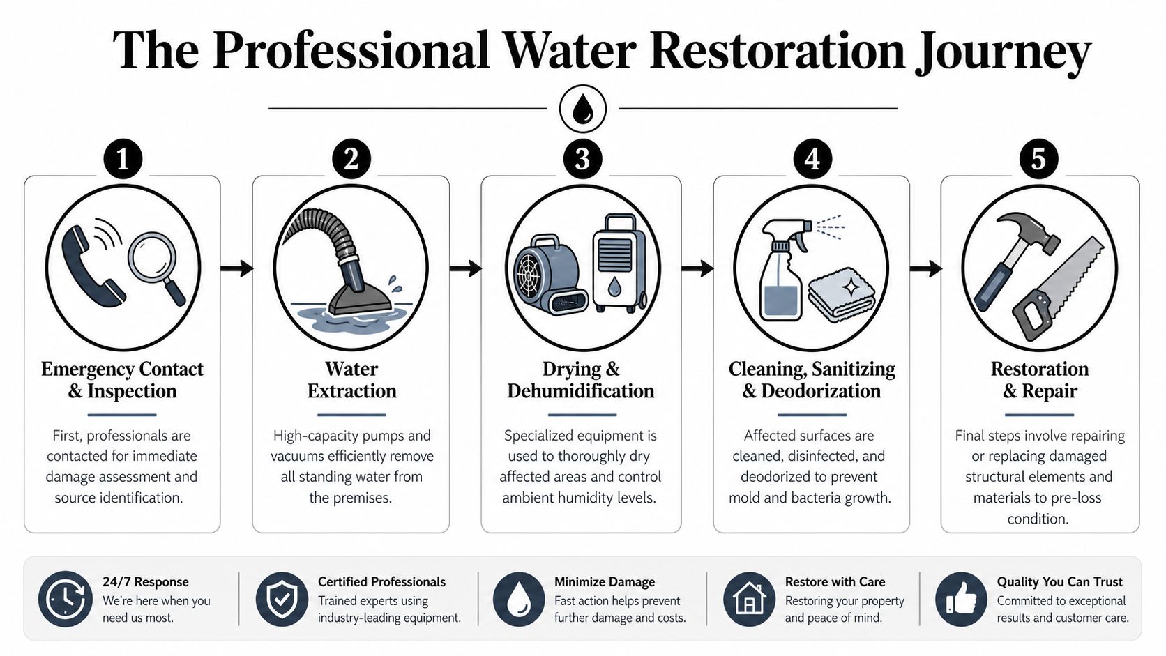 A five-step infographic illustrating the professional water restoration journey from emergency contact to final property repairs.