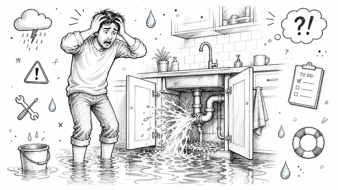 A distressed man standing in a flooded kitchen while his under-sink pipes spray water everywhere.
