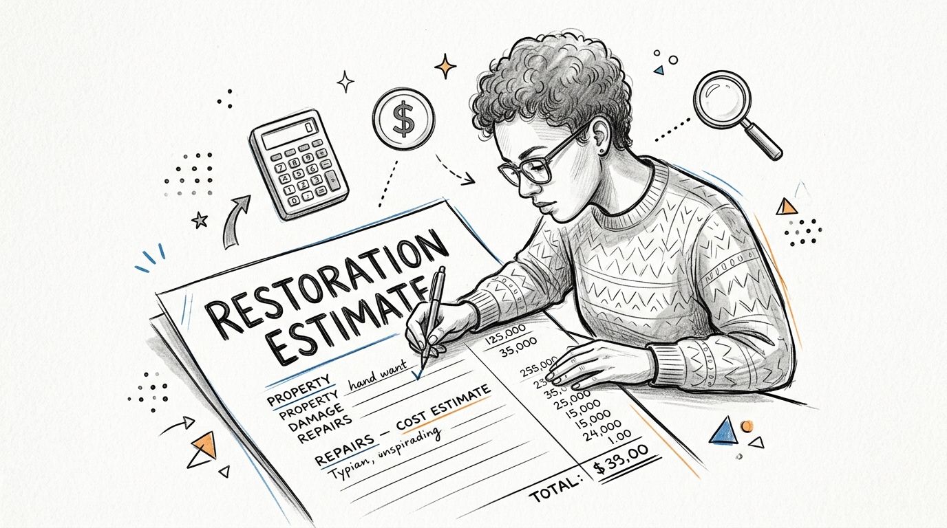 A professional analyzing a restoration estimate document with a calculator, magnifying glass, and financial icons nearby.
