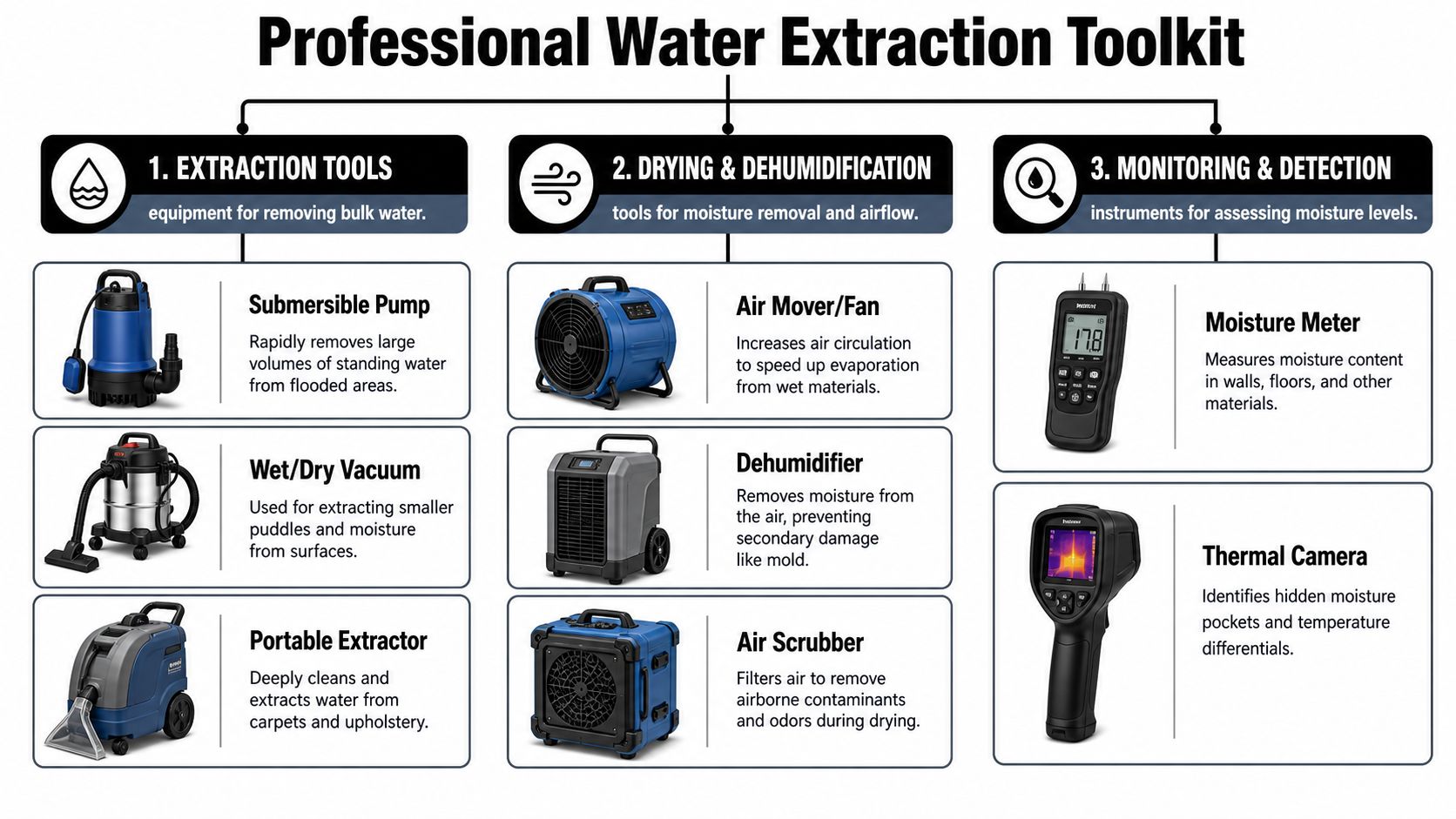 An infographic detailing essential professional water extraction toolkit equipment categorized by their specific restoration functions.