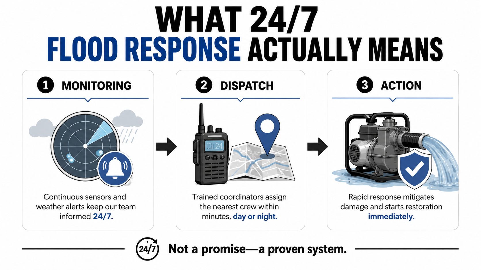 A three-step infographic showing 24/7 flood response: monitoring, dispatching crews, and rapid action restoration.