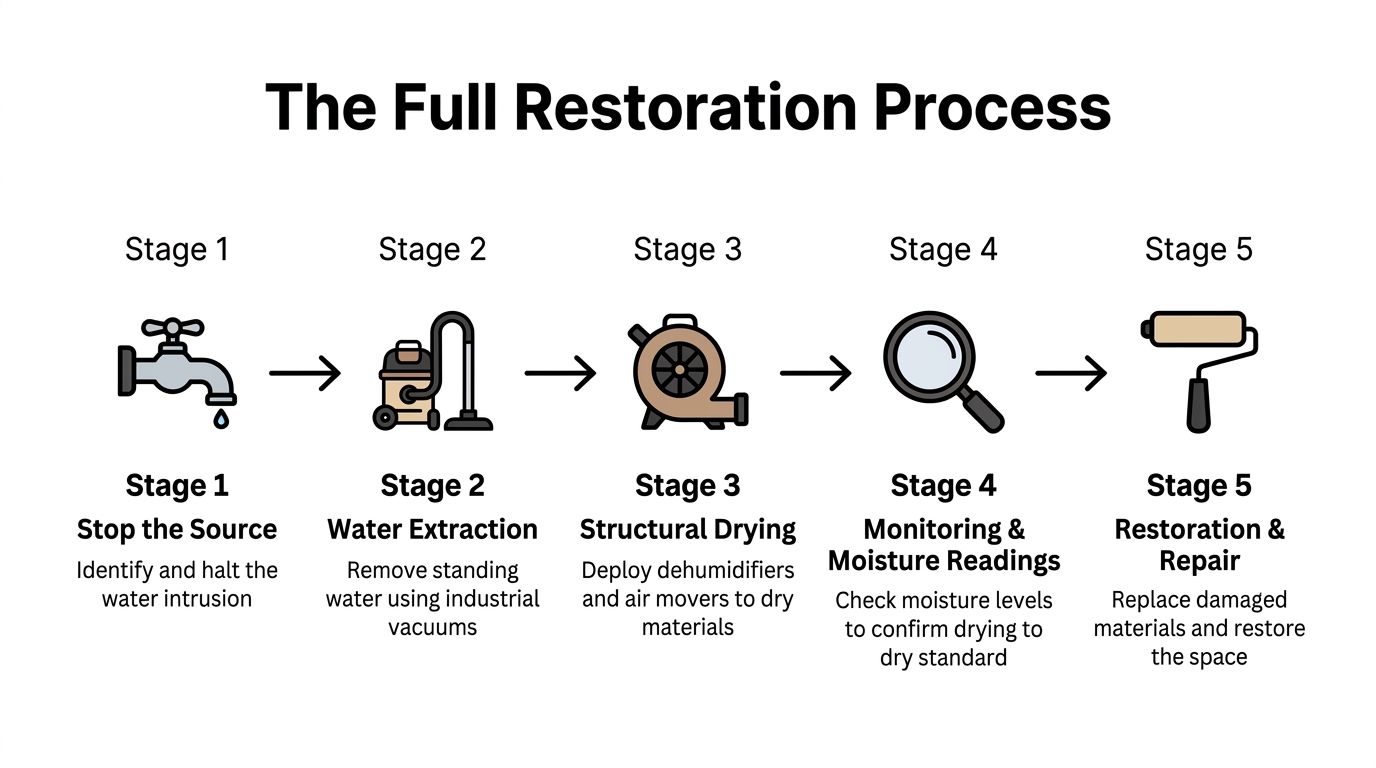 A five stage infographic explaining the professional 24 hour water damage restoration process from start to finish.