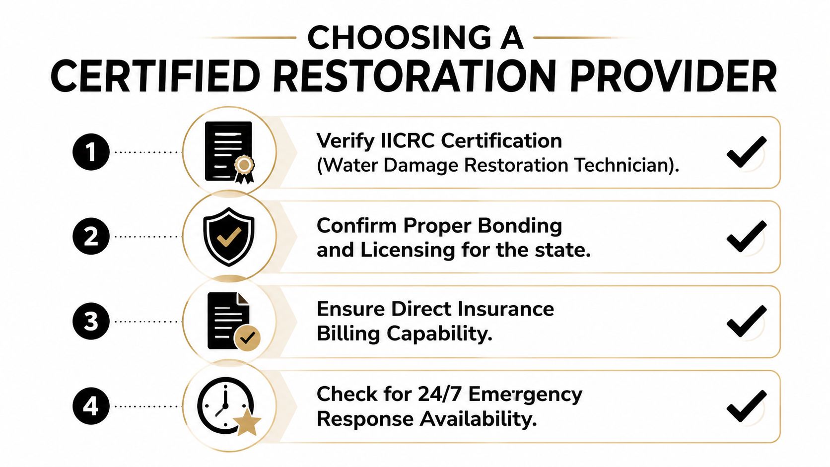 A checklist for choosing a certified water damage restoration provider with four numbered steps and icons.