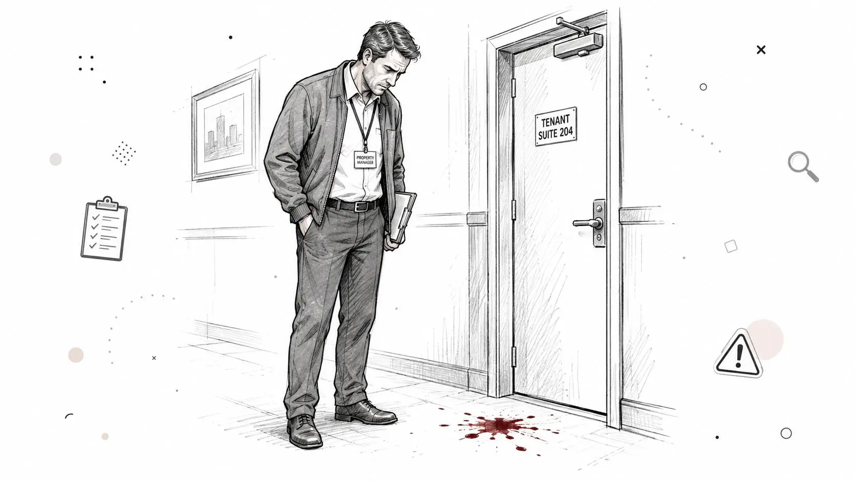 A property manager stands outside an office door looking down at a puddle of blood on the floor.
