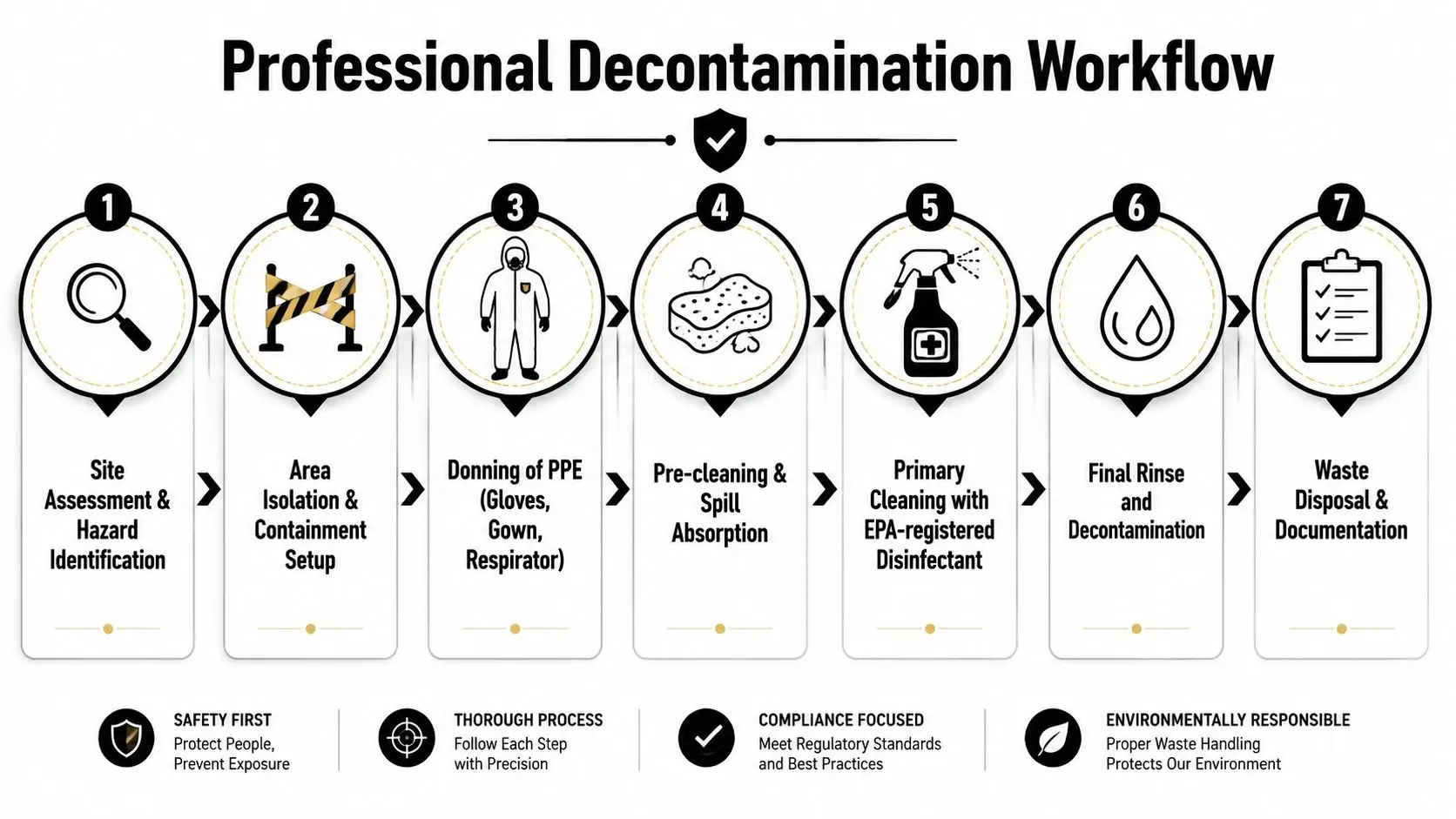 A flowchart showing the seven steps of a professional decontamination workflow for hazard identification and cleanup.