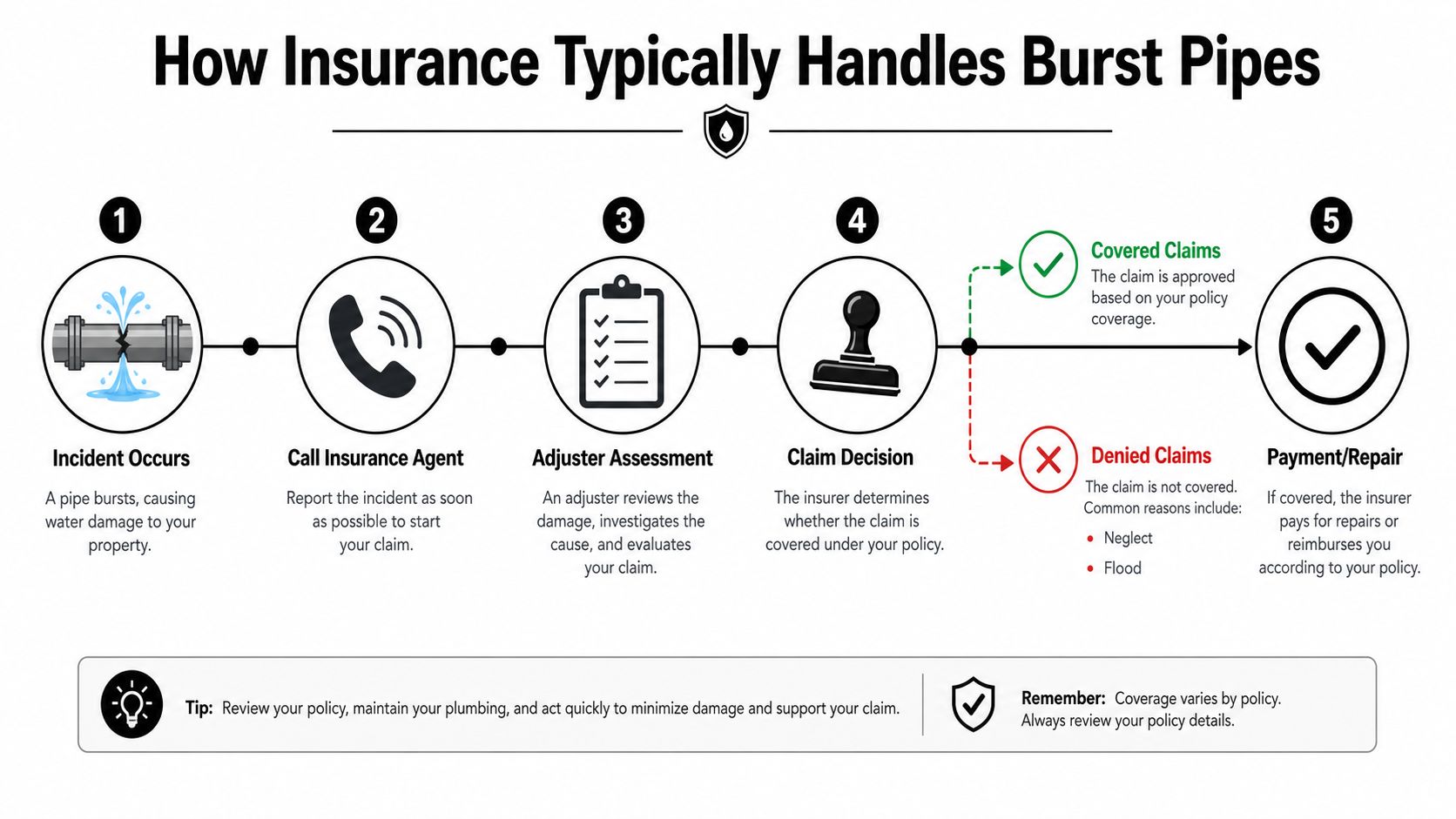A five-step infographic showing the typical insurance claims process for home water damage caused by burst pipes.