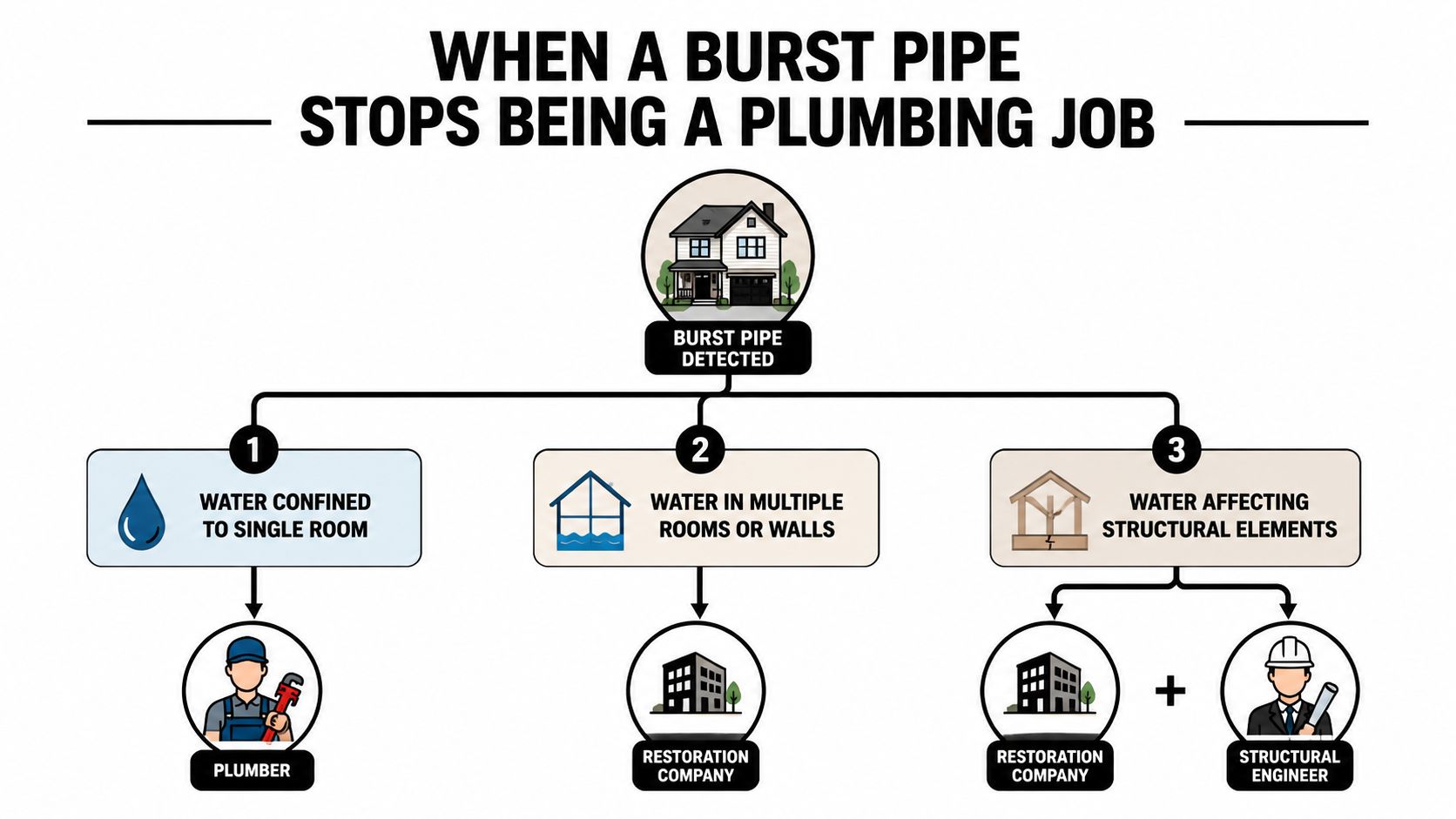 A flowchart showing when to hire a plumber, restoration company, or structural engineer after a pipe bursts.