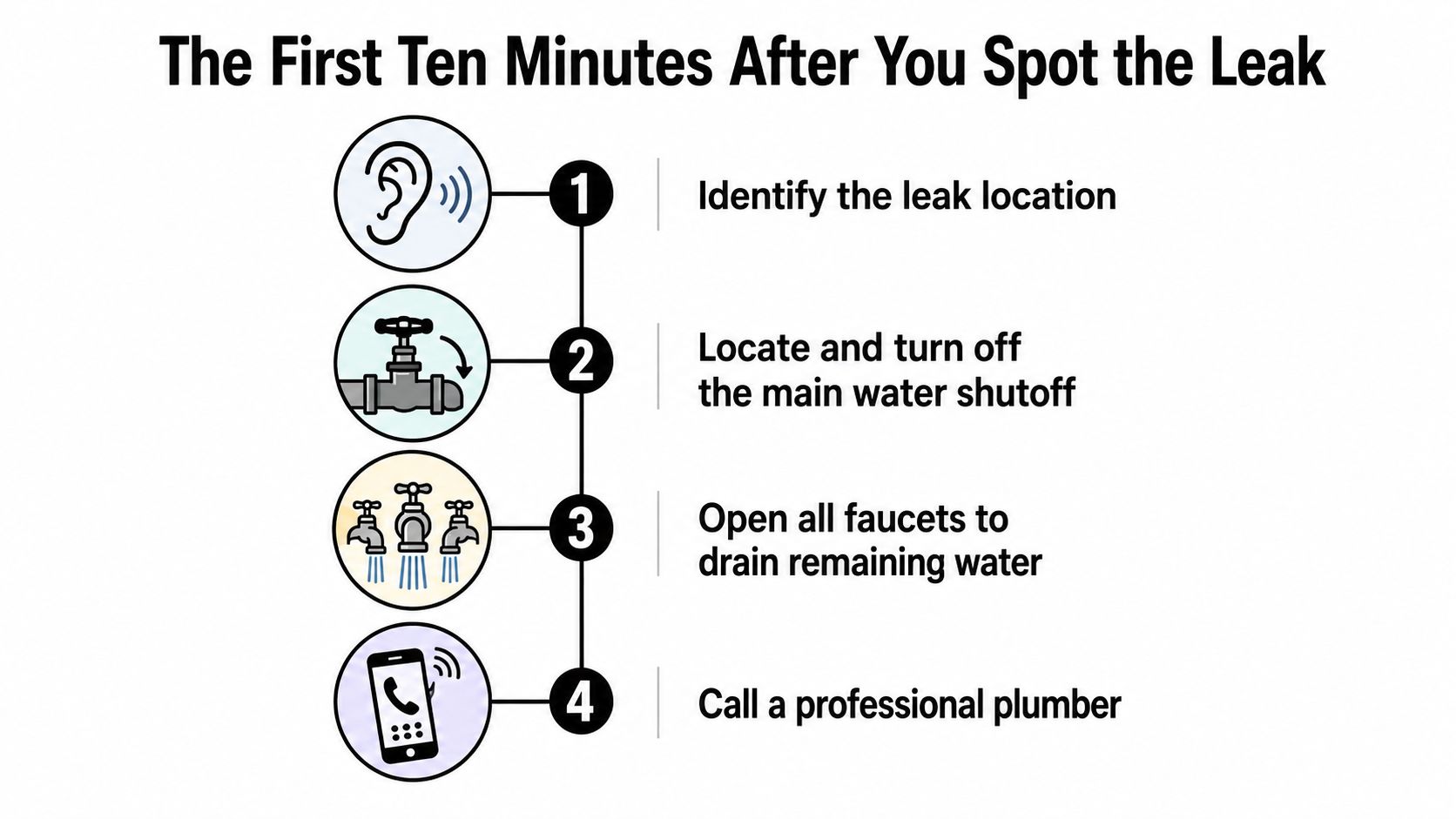 A step-by-step infographic titled The First Ten Minutes After You Spot the Leak illustrating plumbing emergency procedures.