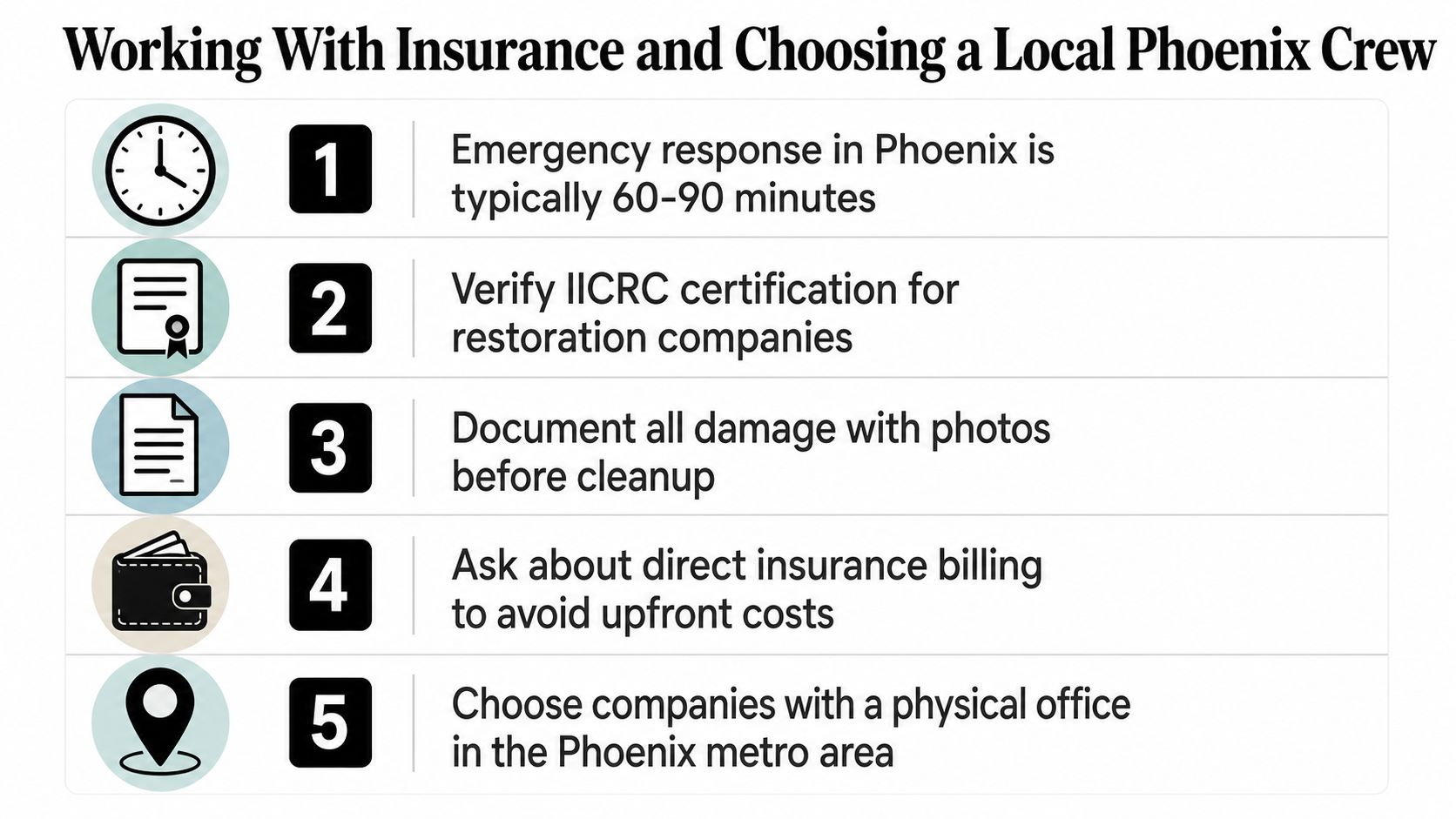 An infographic detailing five essential tips for choosing a local restoration crew and managing insurance claims.