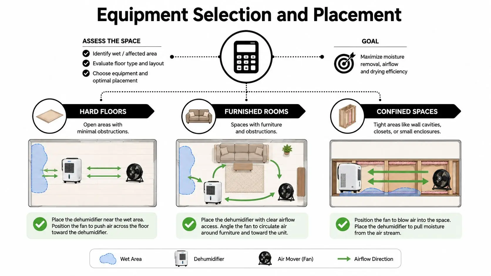 An infographic illustrating how to correctly place dehumidifiers and air movers in various room types for drying.