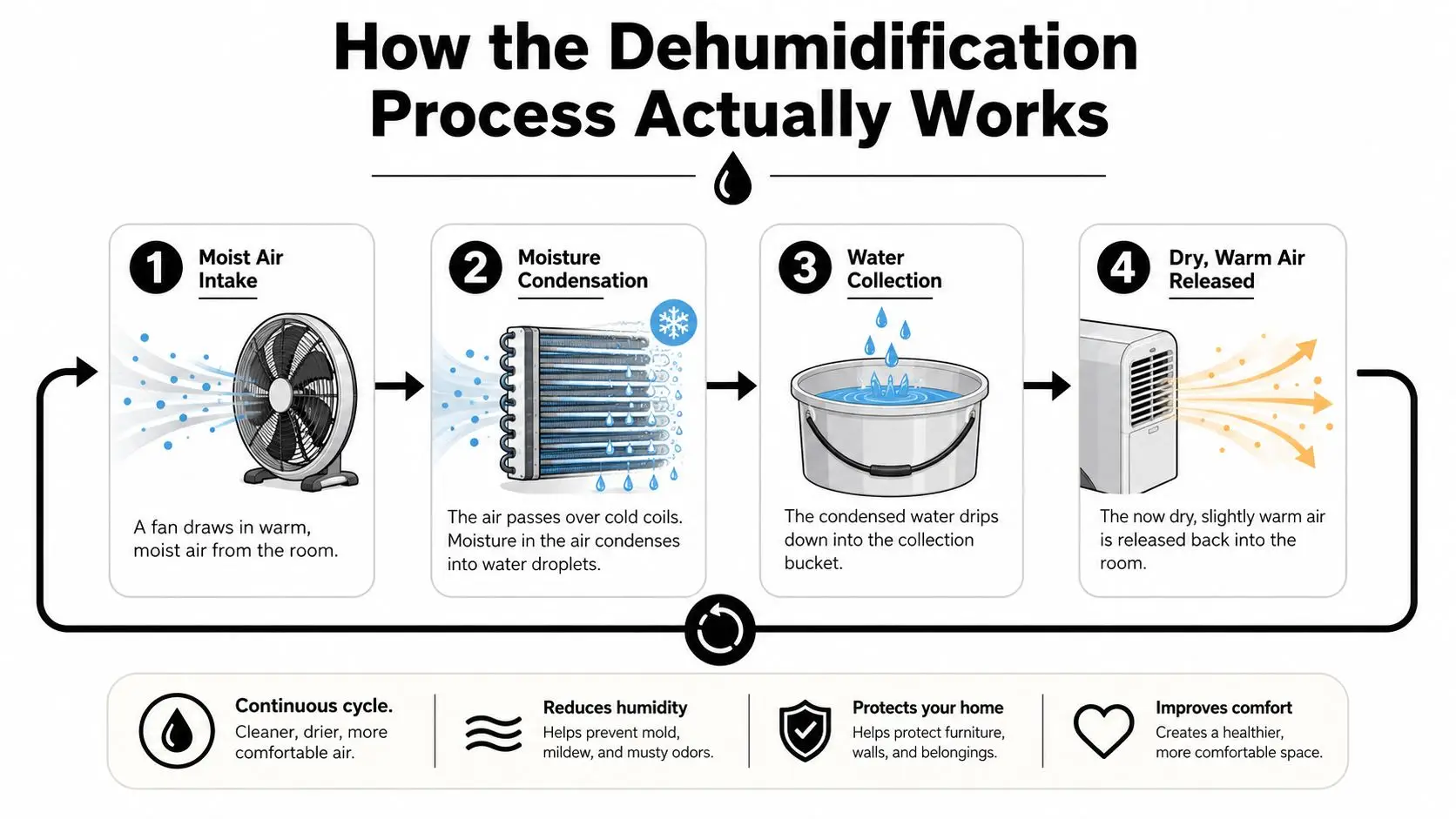 A diagram illustrating the four-step dehumidification process for home air quality improvement and moisture reduction.