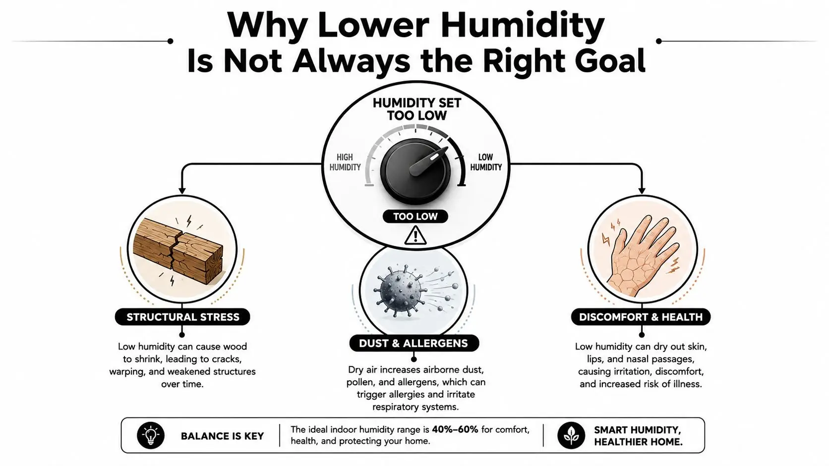 An infographic showing that low indoor humidity can cause structural damage, allergens, and personal health discomfort.