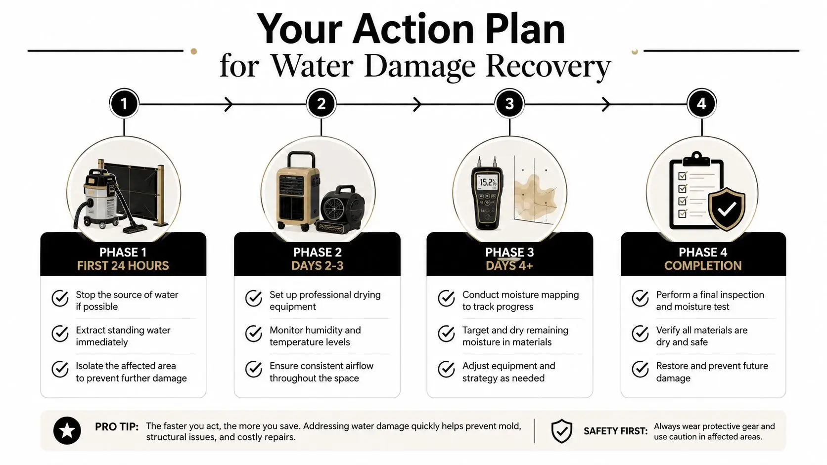 A four-phase action plan infographic illustrating essential steps for effective water damage recovery and professional restoration process.
