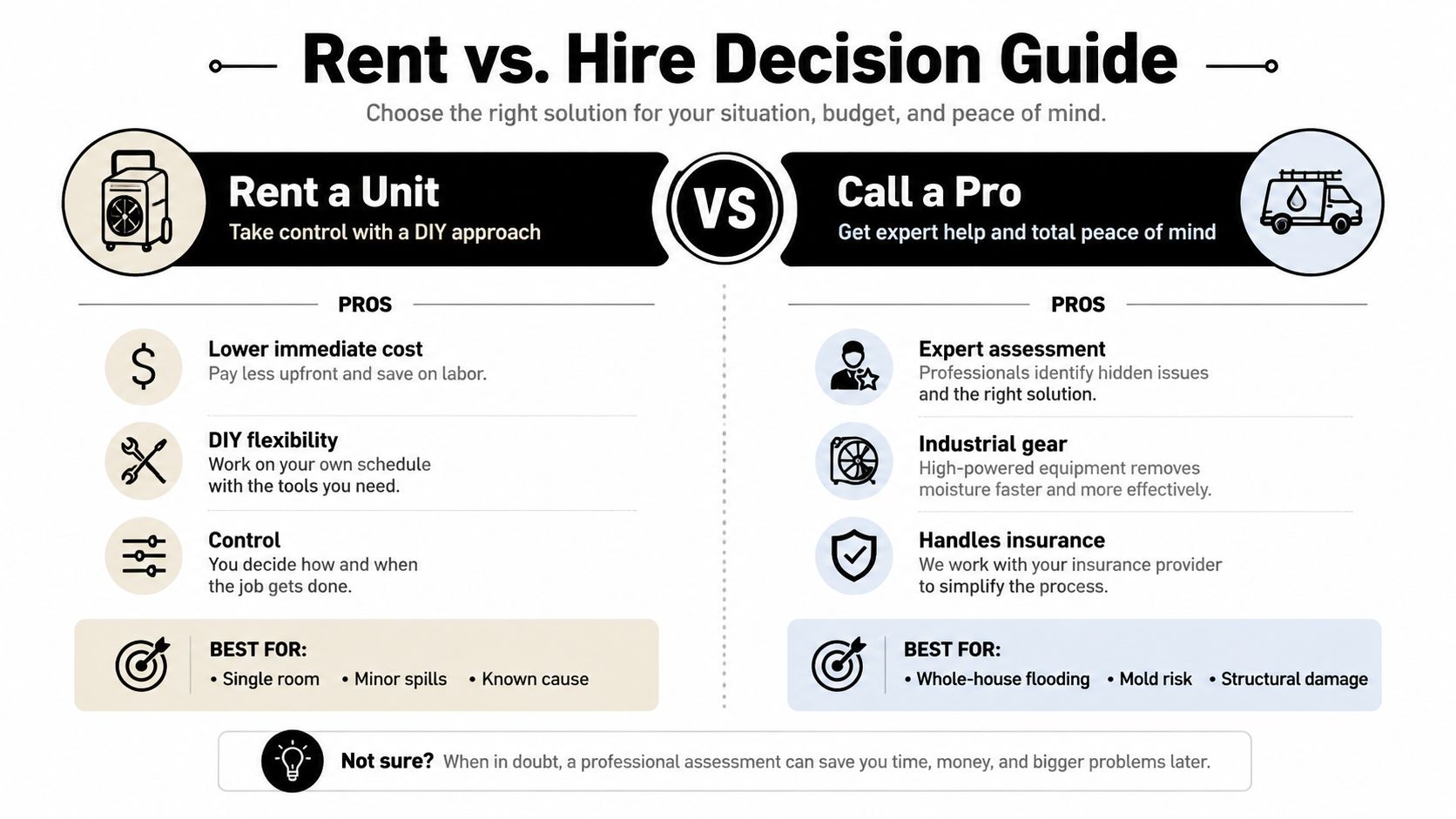 A comparison guide for choosing between renting a dehumidifier unit or hiring professional restoration services for water damage.