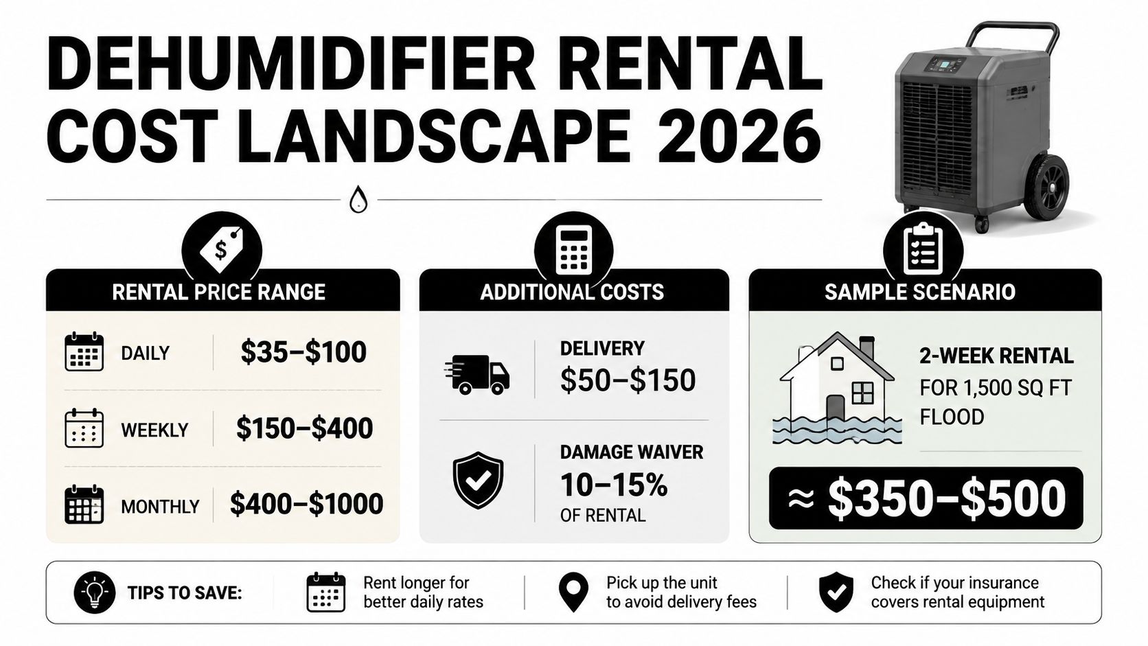 An infographic showing 2026 dehumidifier rental cost ranges, additional fees, and a sample two-week flood restoration scenario.