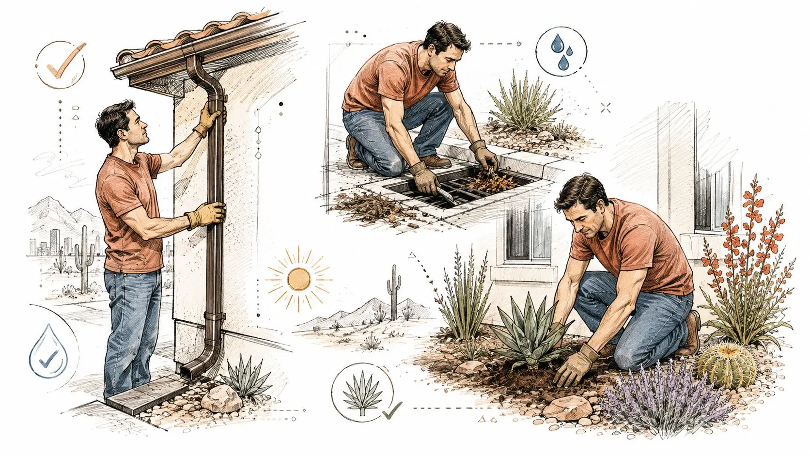 A man performing home exterior maintenance tasks, including gutter cleaning and garden landscaping in a desert setting.