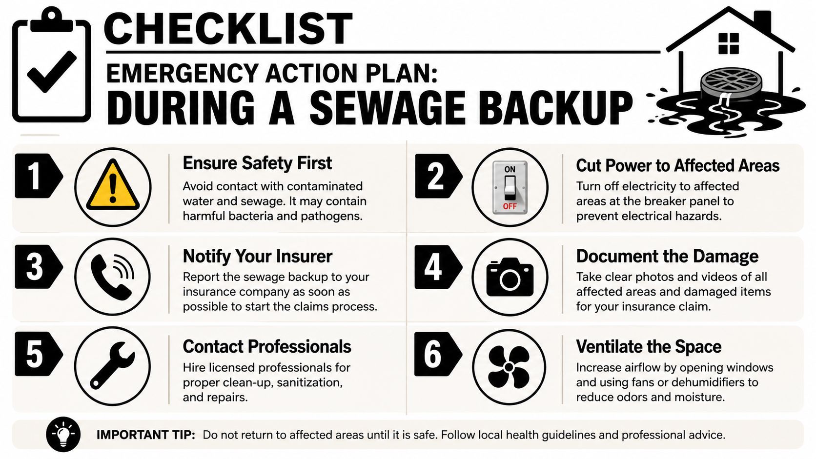 An infographic checklist outlining essential safety and recovery steps to take during a home sewage backup emergency.