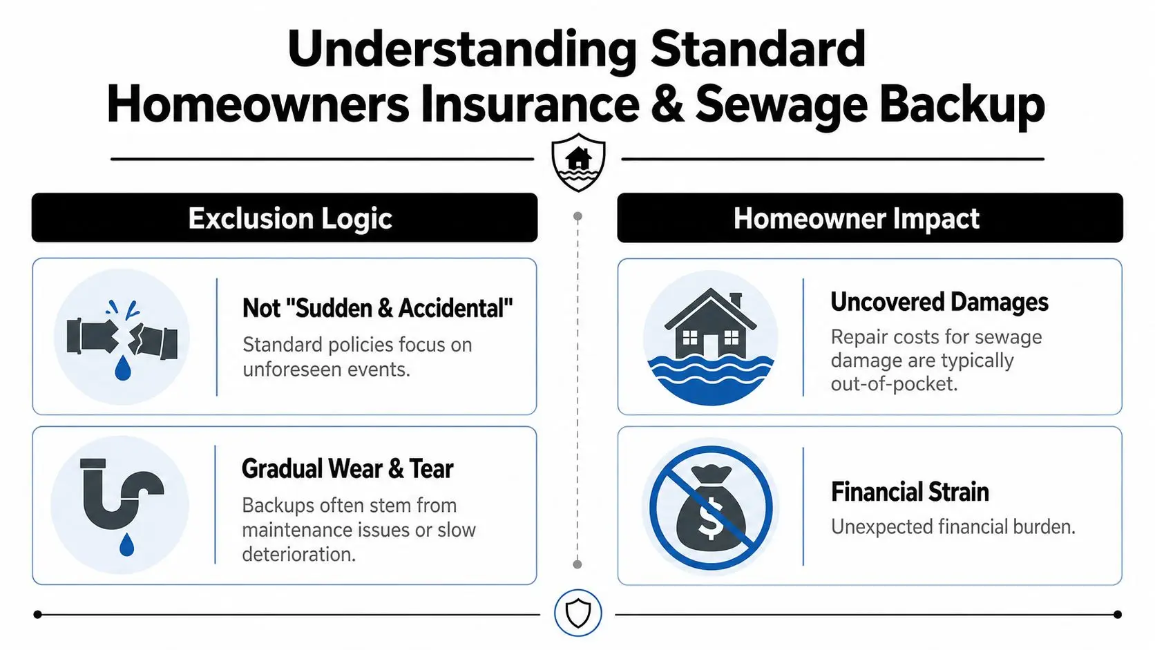 An infographic explaining why standard homeowners insurance typically excludes coverage for sewage backup and maintenance-related pipe damages.