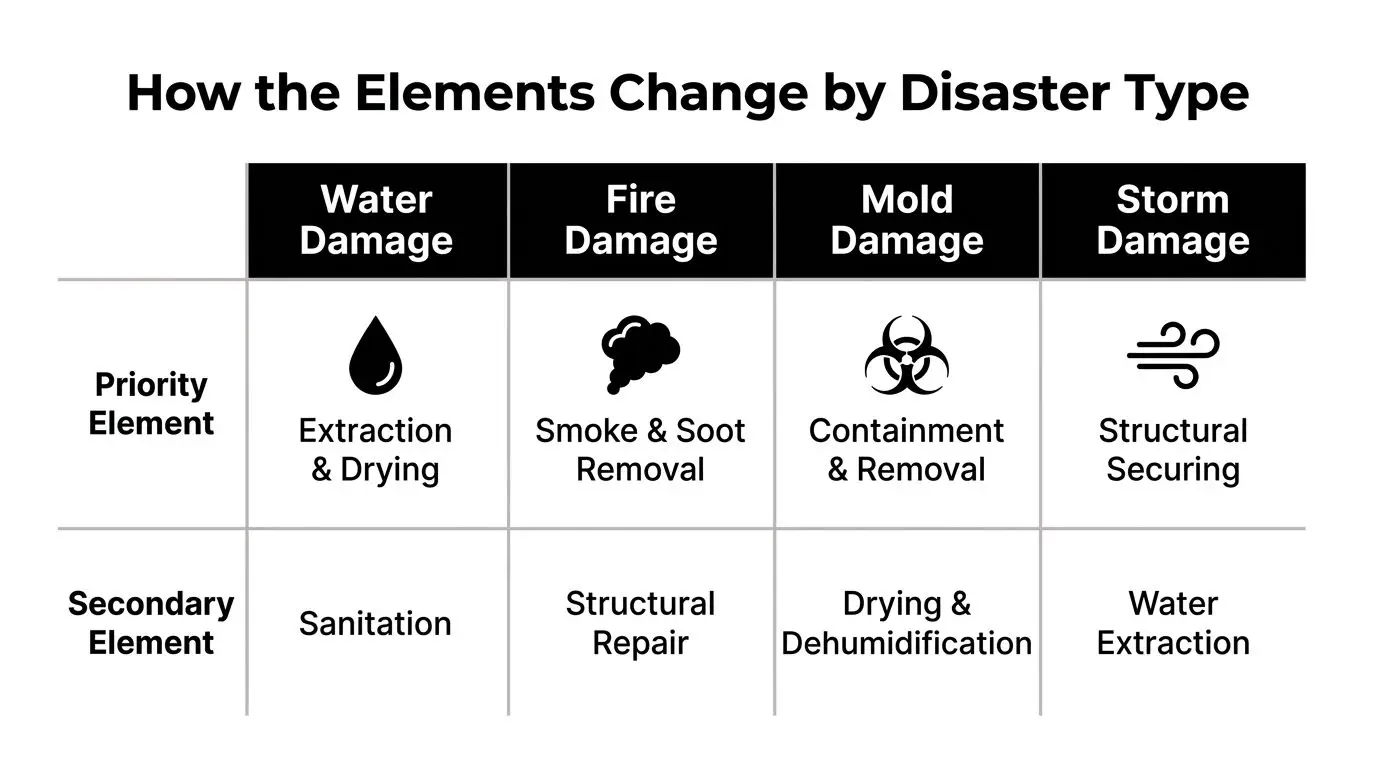 A table titled How the Elements Change by Disaster Type showing priority and secondary restoration steps for damage.