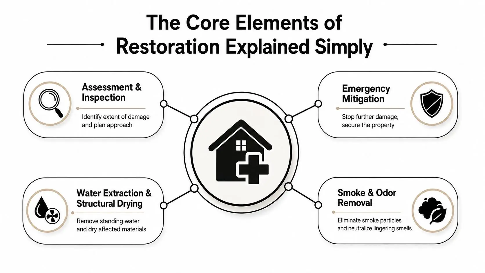 A diagram illustrating the four core elements of restoration: assessment, emergency mitigation, water extraction, and odor removal.