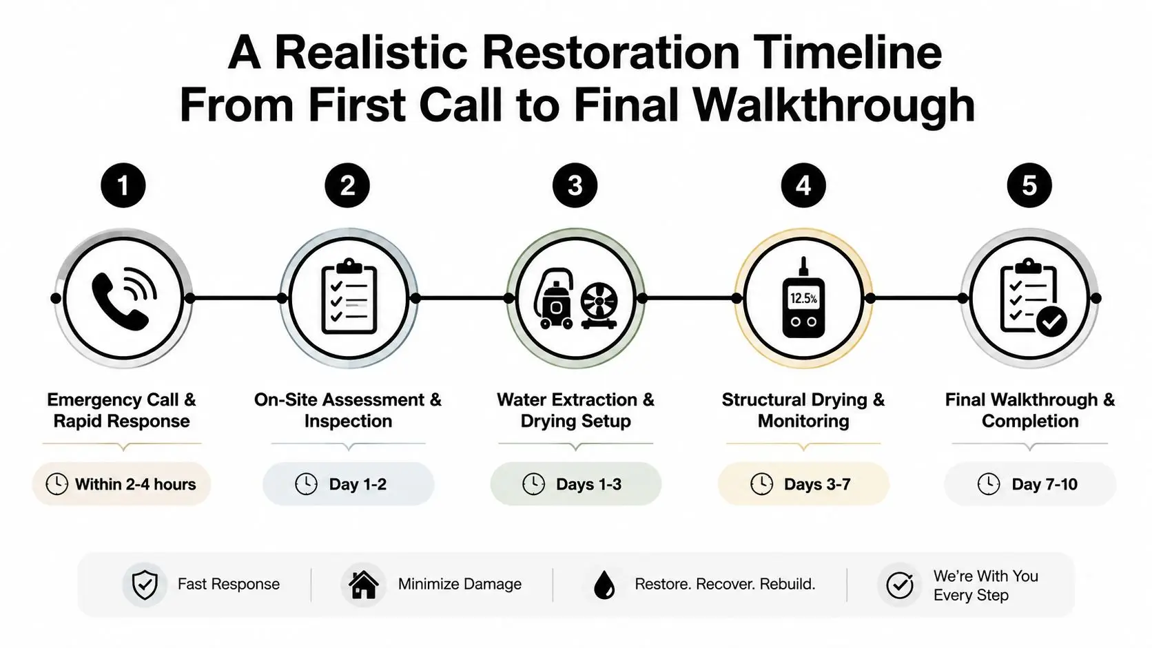 A five-step restoration timeline graphic detailing the process from emergency call to final project completion.