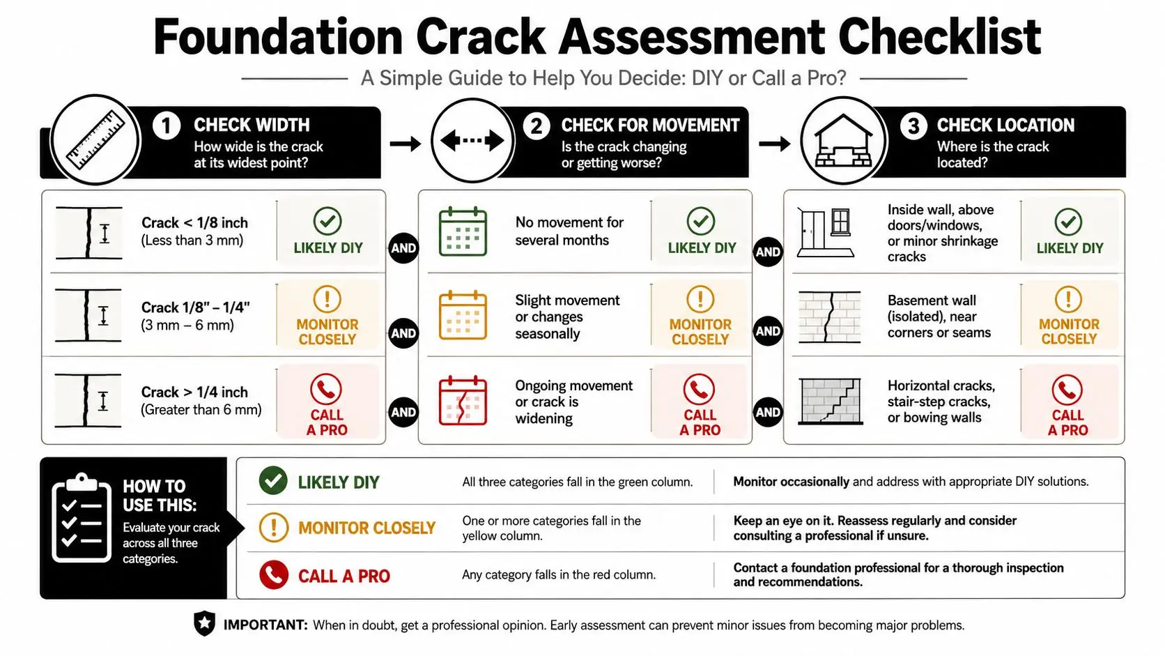 A flow chart explaining how to assess foundation cracks to decide between DIY repair or professional help.
