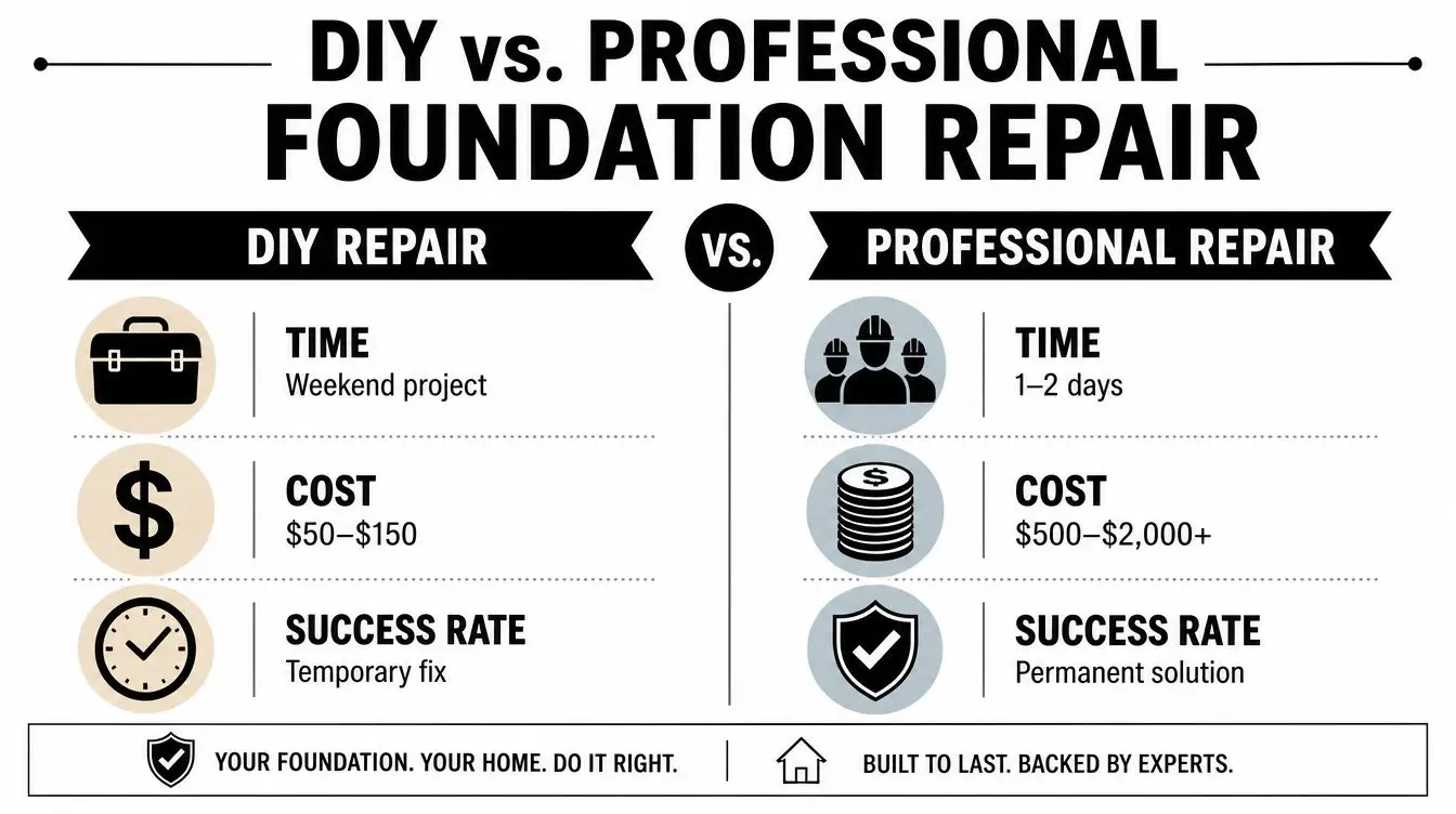 A comparison infographic showing the time, cost, and effectiveness differences between DIY and professional foundation repair.