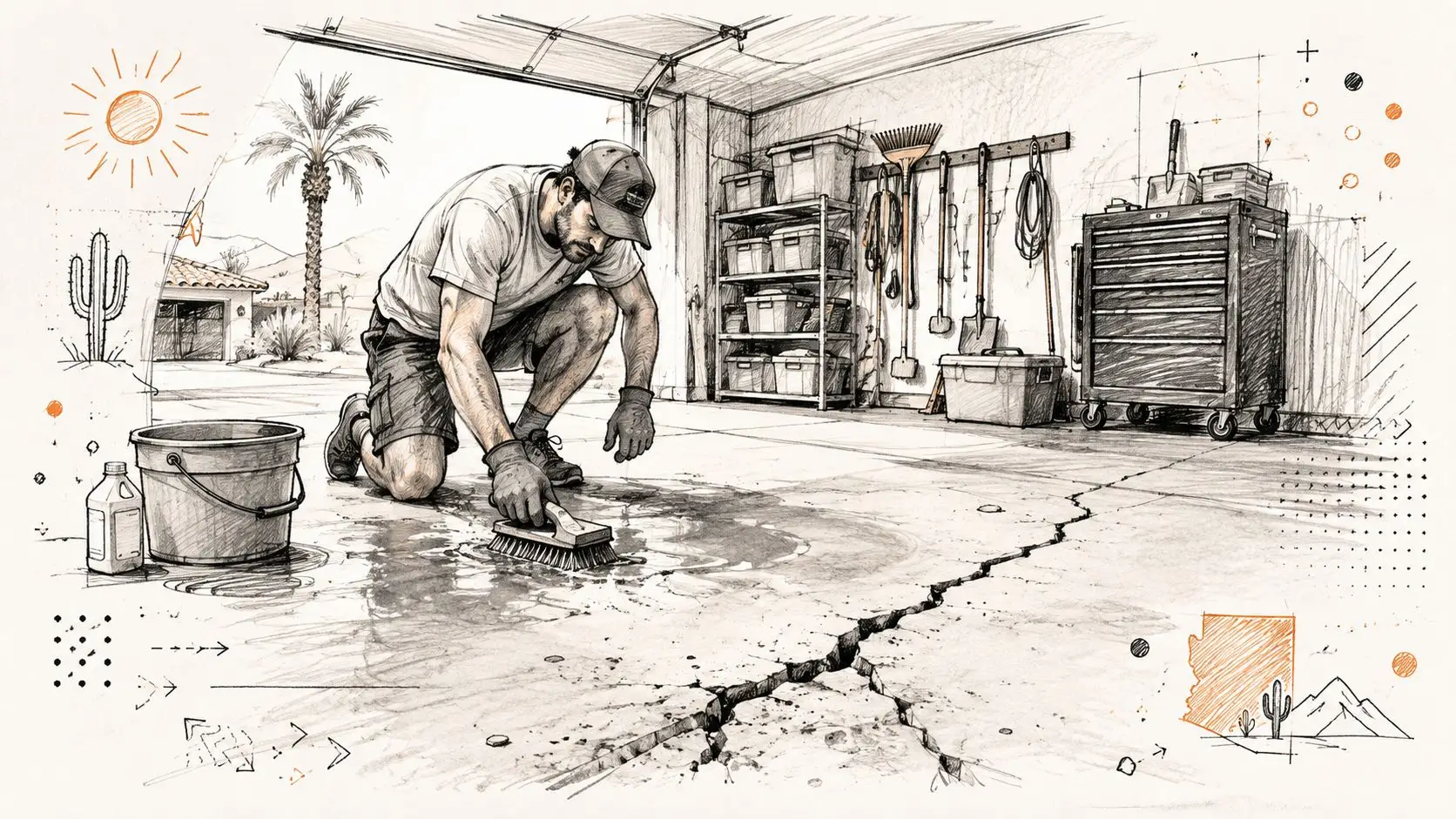 A man scrubbing a concrete garage floor near a large structural crack requiring foundation crack repair.