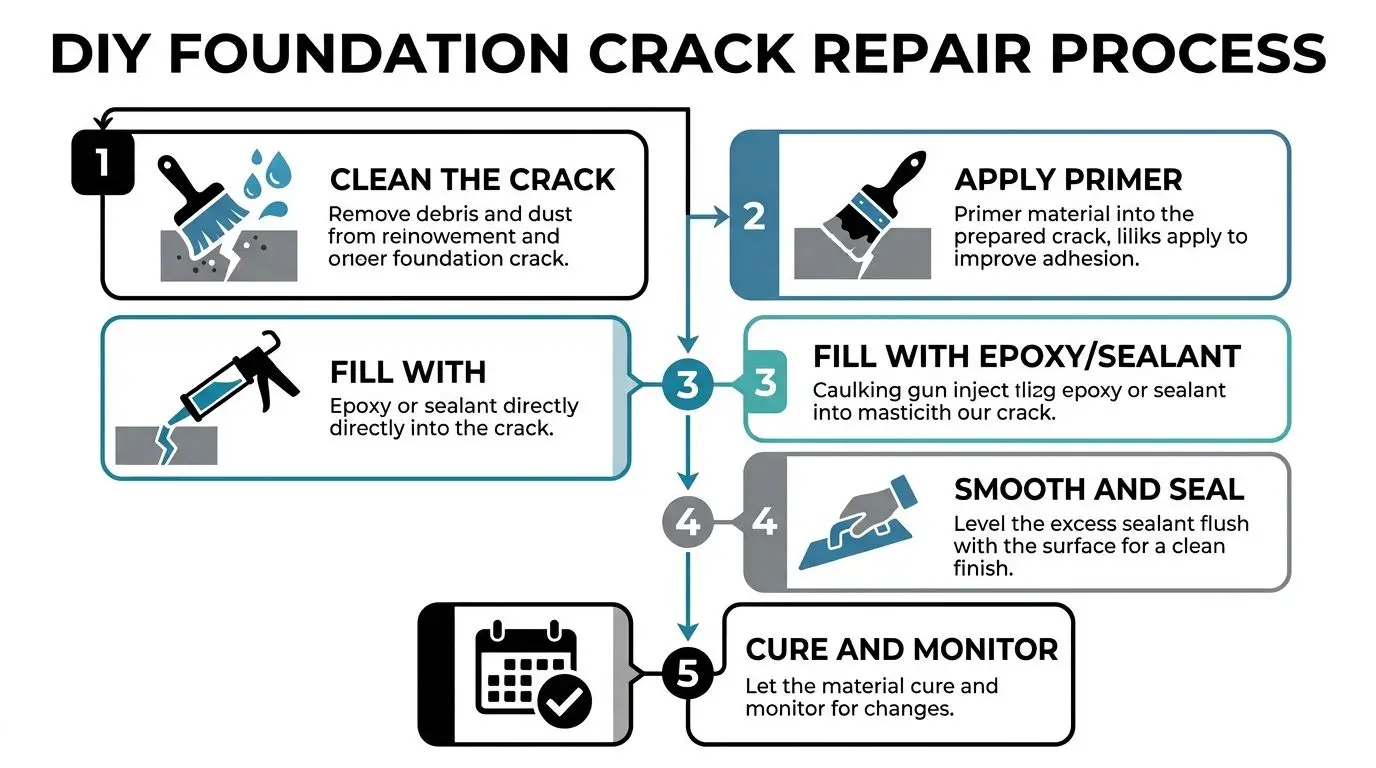 A step-by-step infographic showing the DIY foundation crack repair process from cleaning to final curing.