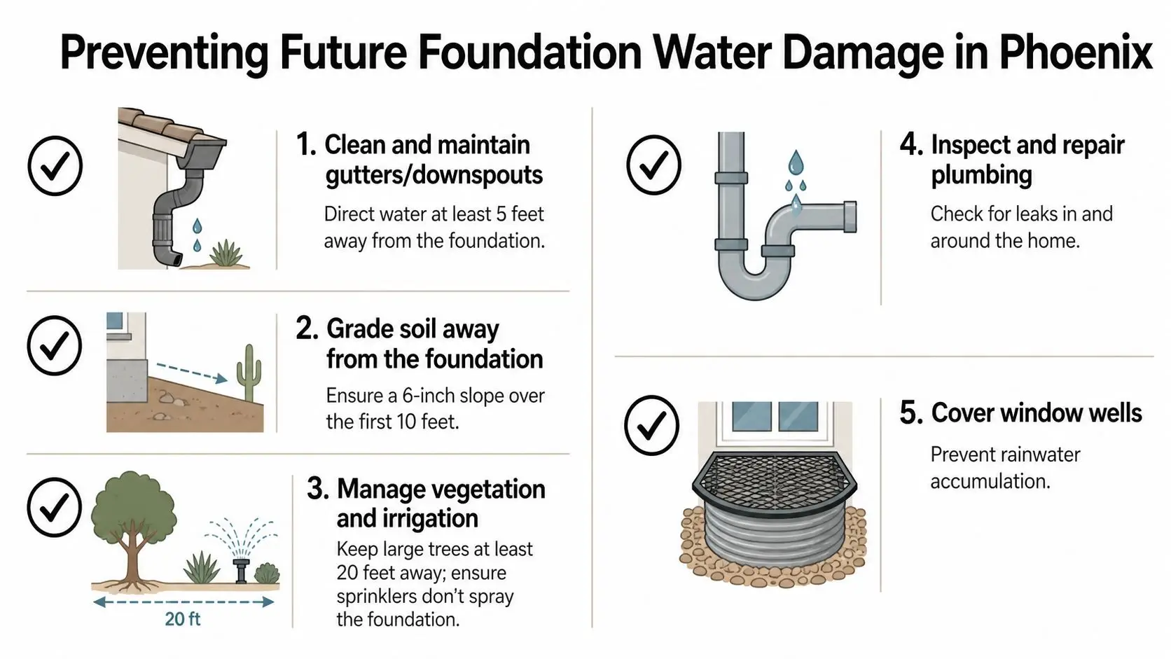 An infographic titled Preventing Future Foundation Water Damage in Phoenix listing five tips for home maintenance.