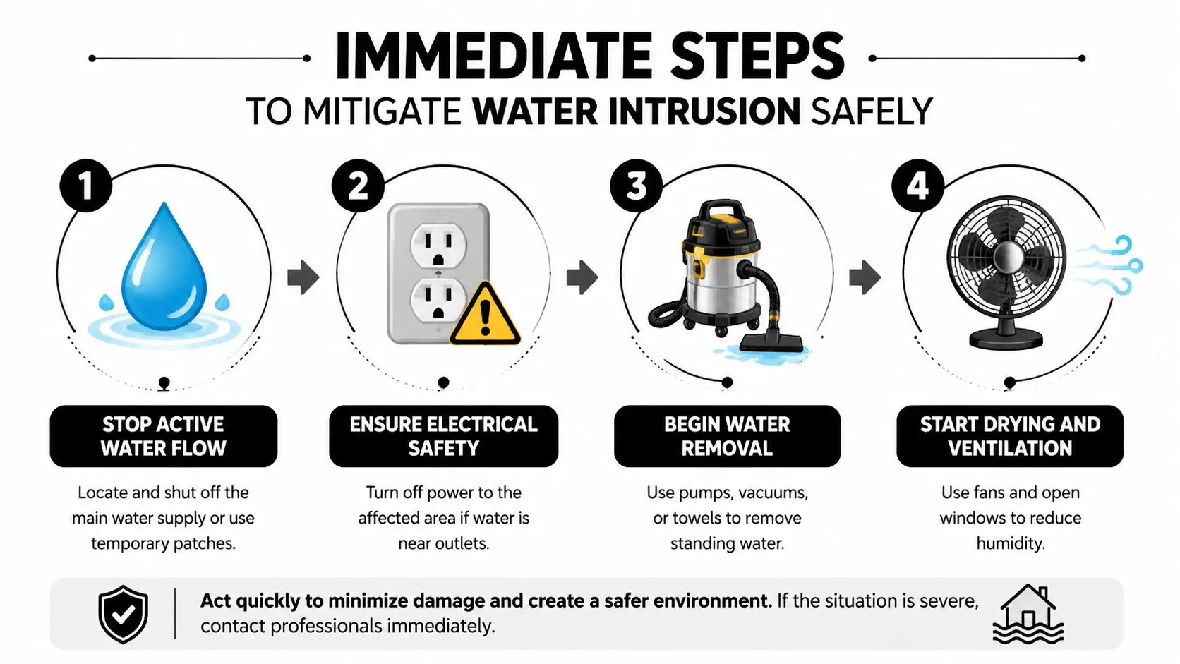 An infographic showing four immediate steps to safely mitigate water intrusion in a home or building.