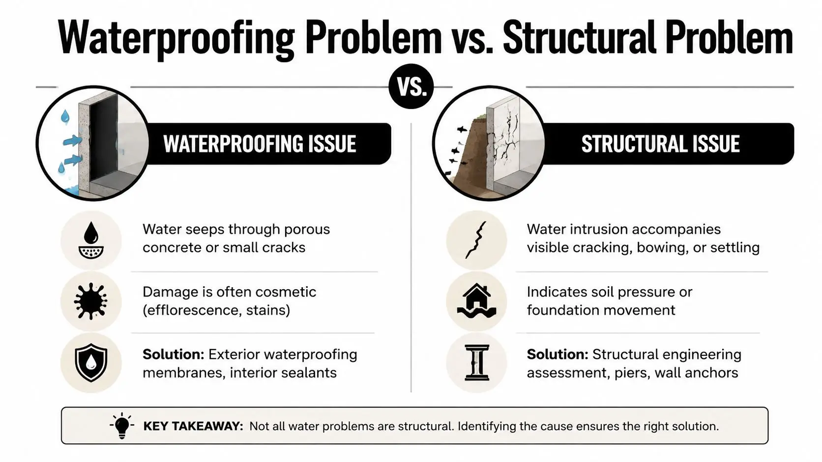 An infographic comparing waterproofing issues versus structural issues for home foundations with symptoms and solutions.