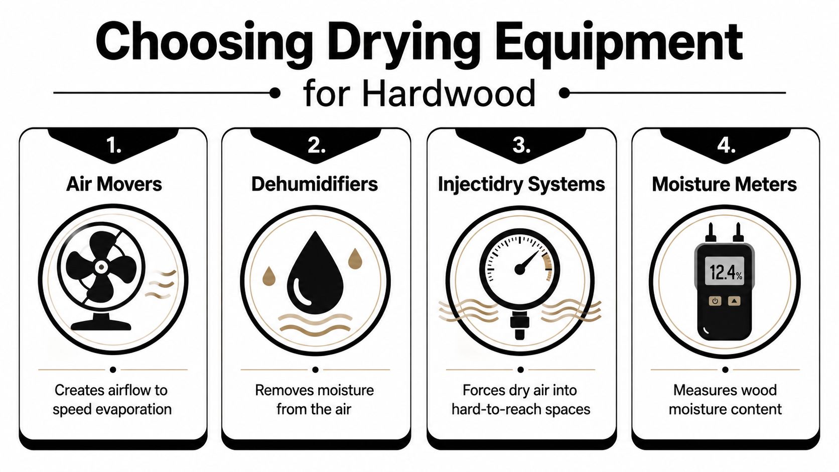 An infographic showing four essential pieces of drying equipment used for restoring water-damaged hardwood floors.