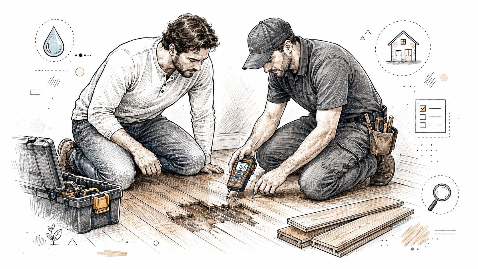 Two professionals inspecting damaged hardwood flooring with a moisture meter to assess water damage repairs.