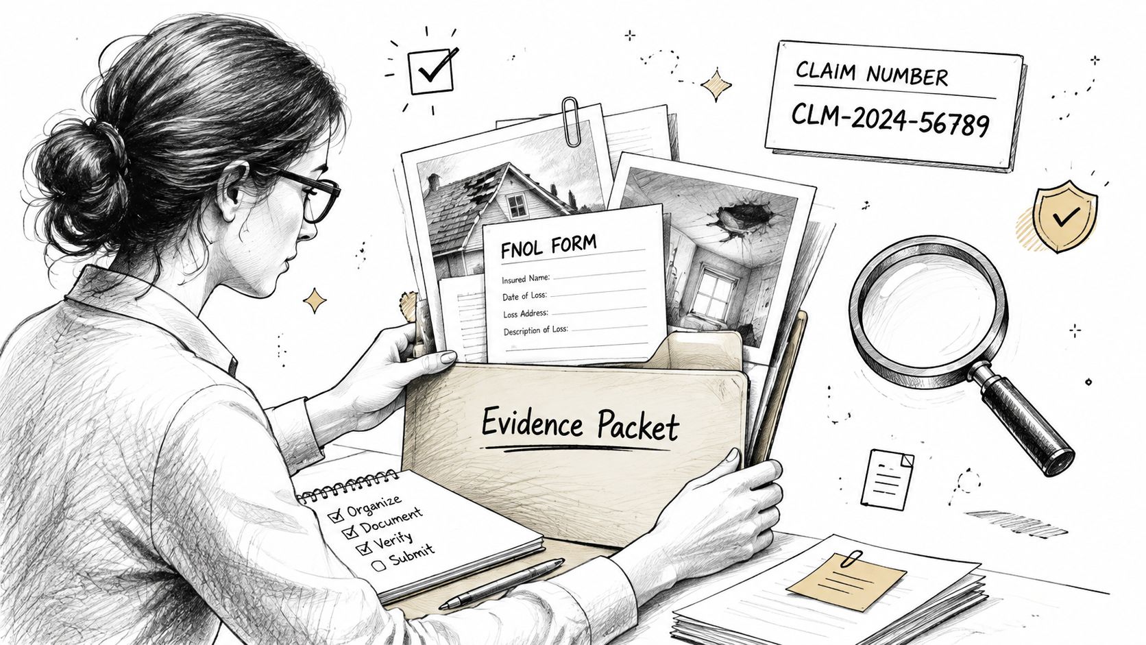 An insurance professional reviewing an evidence packet containing claim forms and photos for a property damage insurance claim.