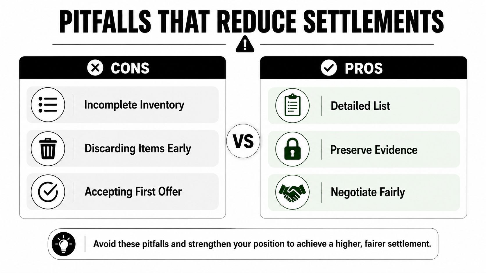 A comparison chart showing cons to avoid and pros to follow to improve insurance settlement results.