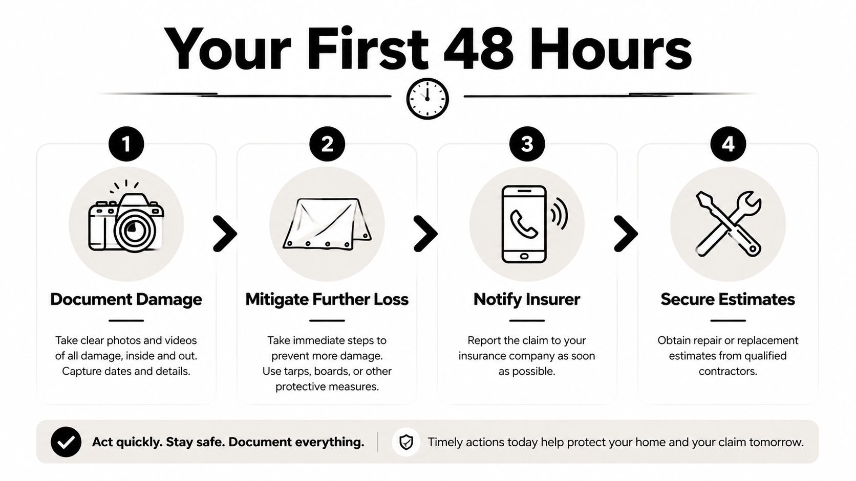 An infographic titled Your First 48 Hours, detailing four essential steps for handling property insurance claims safely.