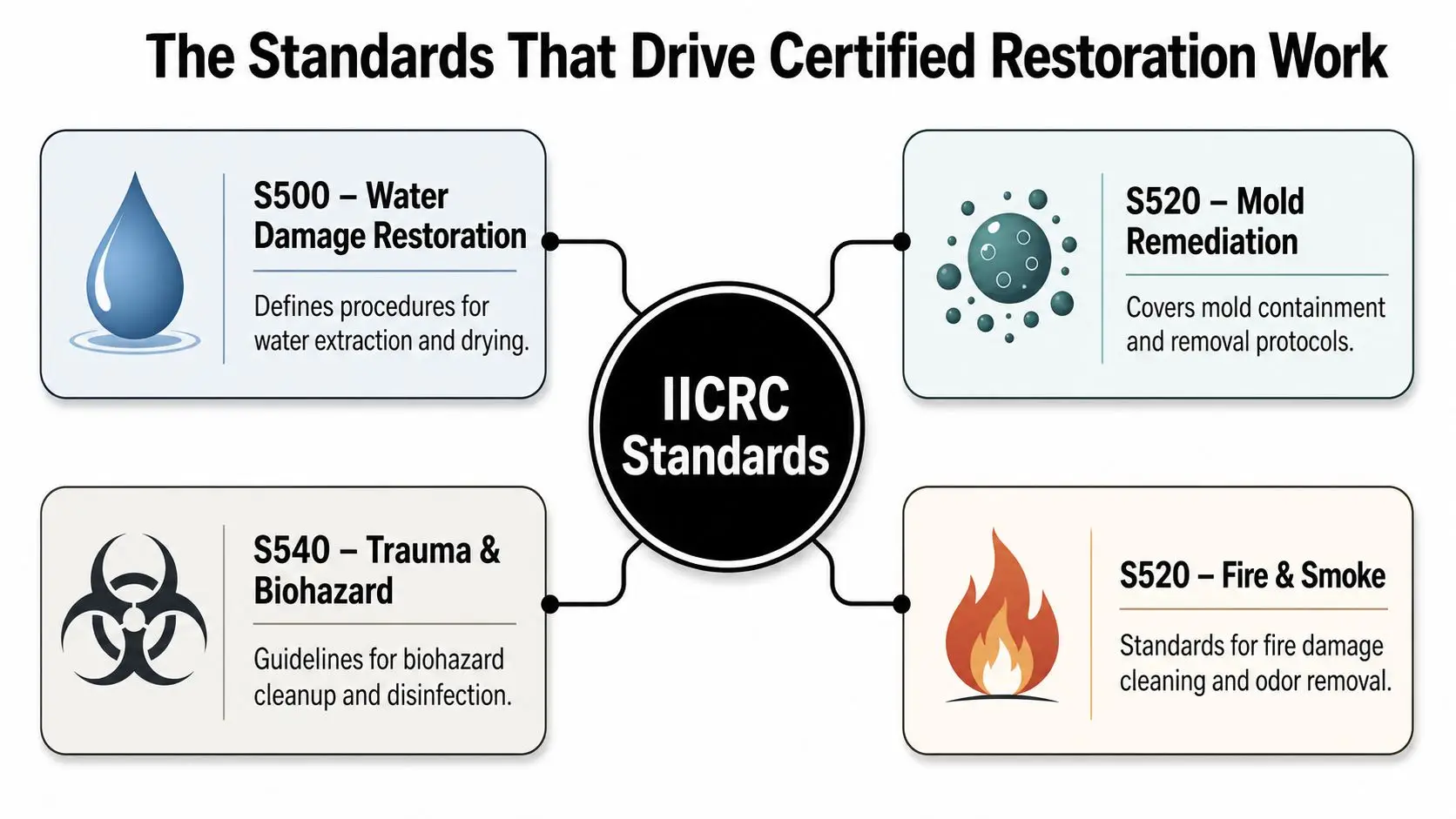 A diagram outlining the four core IICRC standards for water, mold, biohazard, and fire damage restoration services.