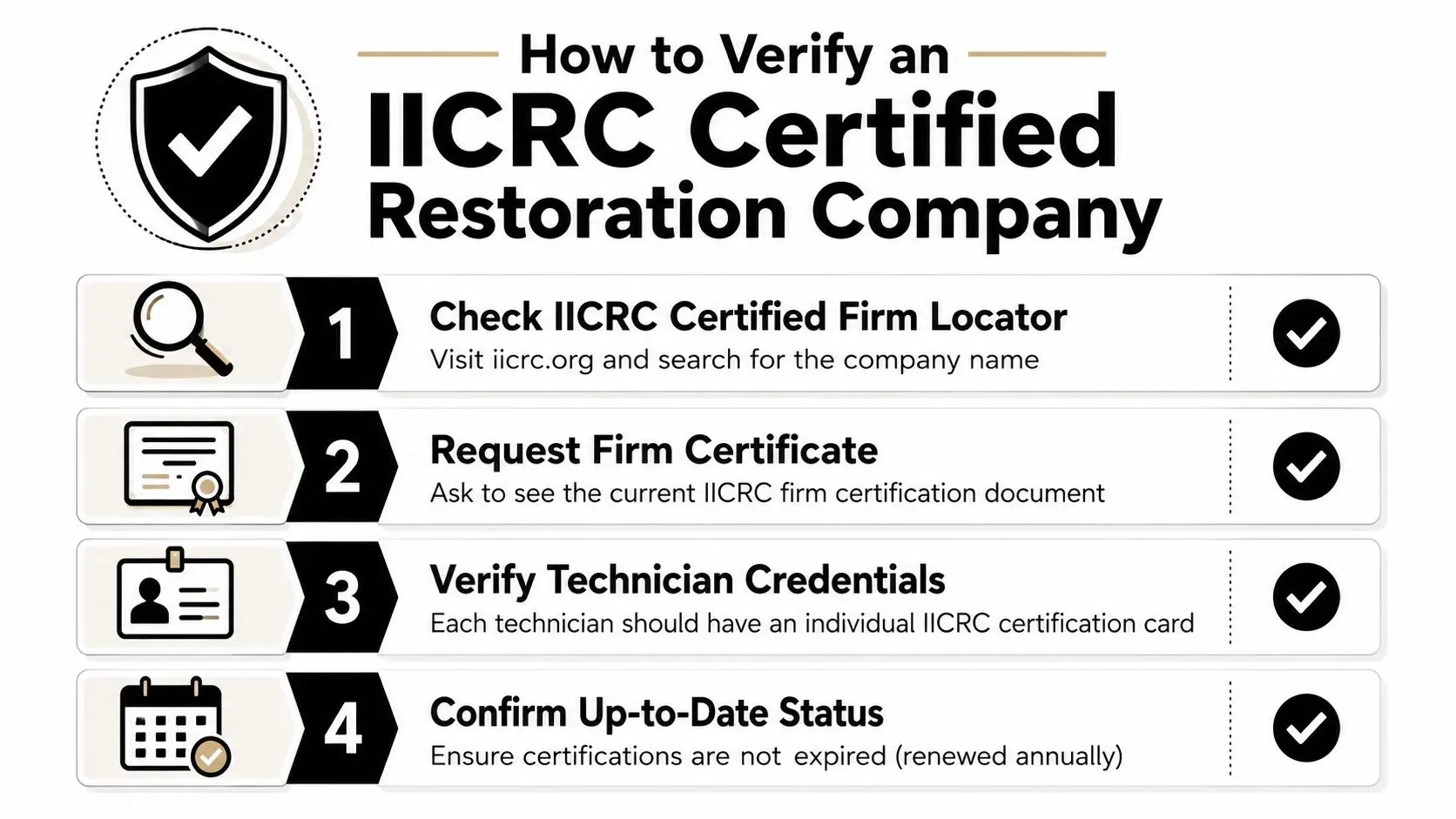 An infographic showing four steps on how to verify an IICRC certified restoration company for homeowners.
