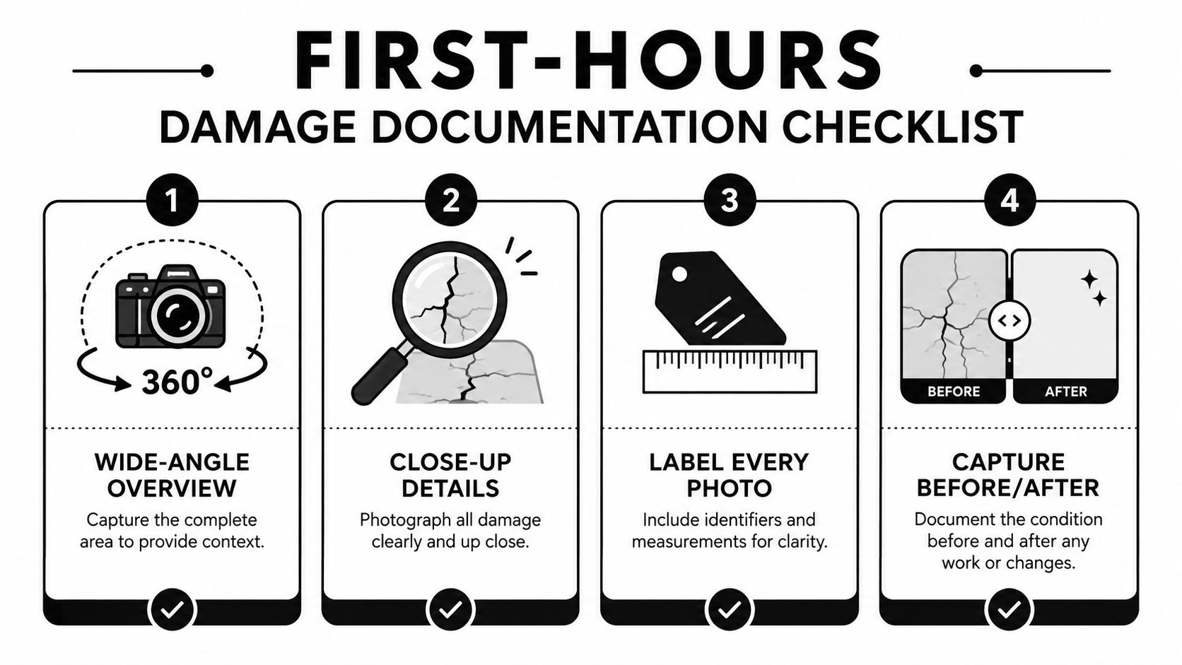 A four-step checklist illustration for properly documenting damage using photography for insurance and repair purposes.
