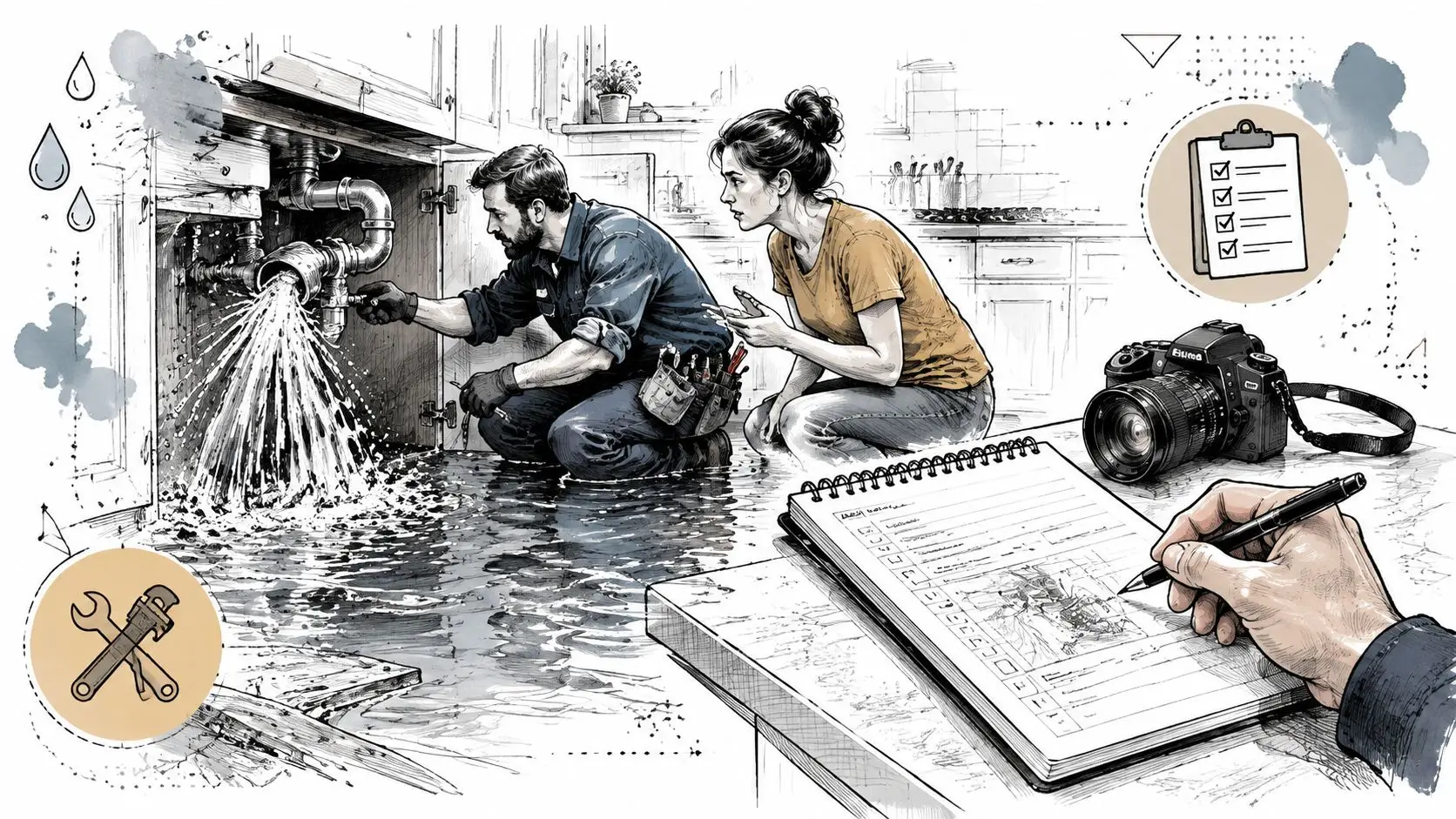 A professional plumber fixing a kitchen leak while a customer documents the damage for insurance purposes.