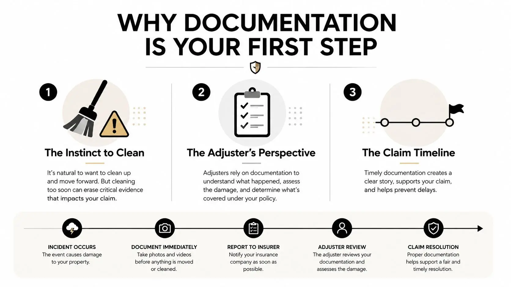 An infographic titled Why Documentation Is Your First Step, detailing the process for insurance claim documentation.