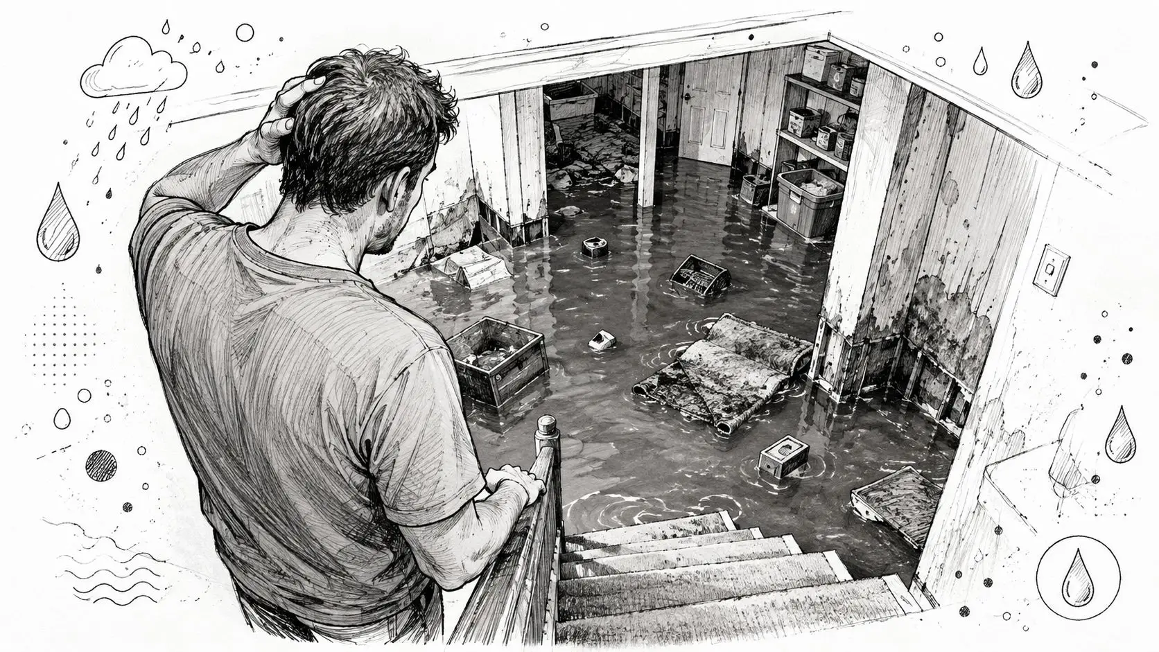 A man stands on stairs looking down at his basement flooded with water, indicating potential property damage.