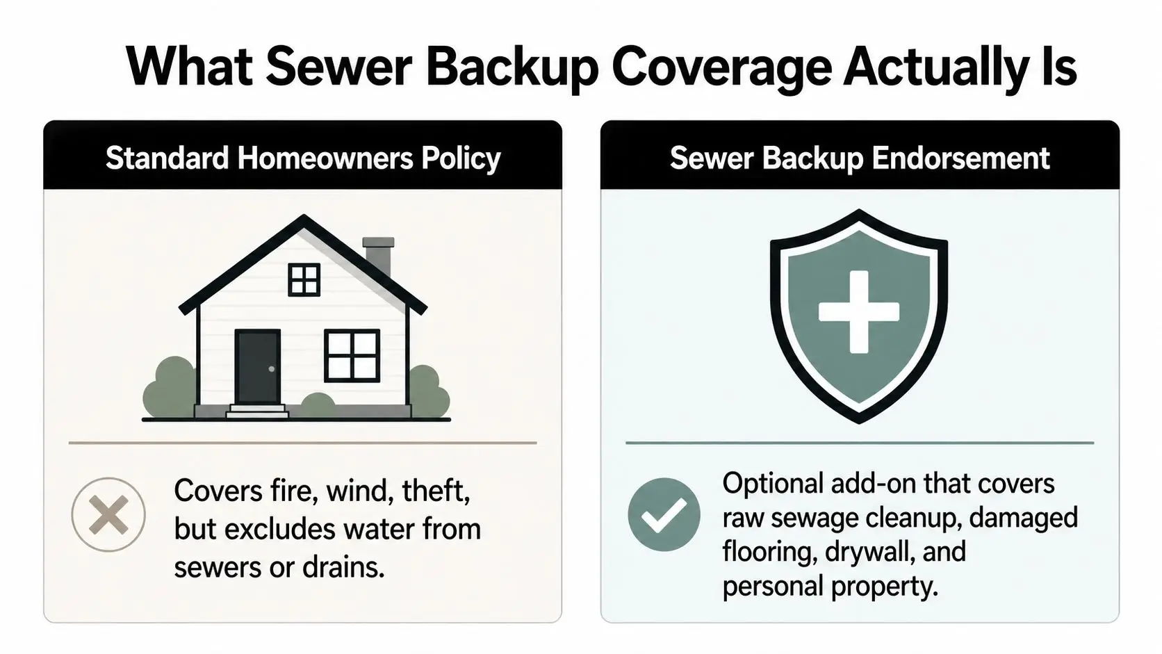 An infographic comparing the coverage differences between a standard homeowners policy and a sewer backup endorsement.