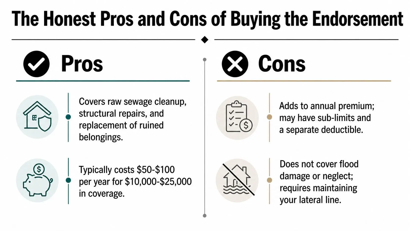 A graphic table titled The Honest Pros and Cons of Buying the Endorsement, comparing sewage insurance benefits.