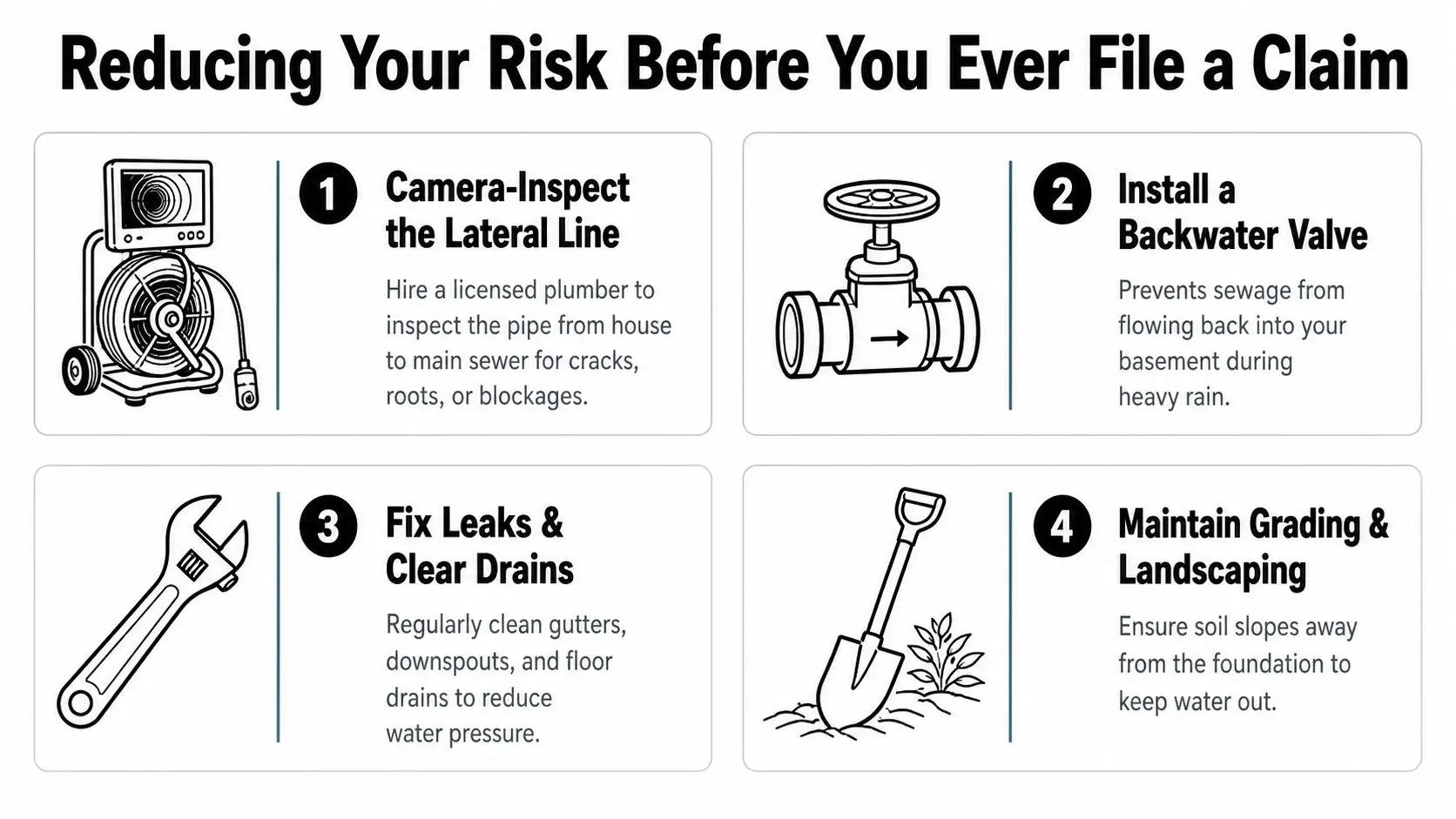 A four-step infographic illustrating methods to prevent sewer backups and water damage in a home.
