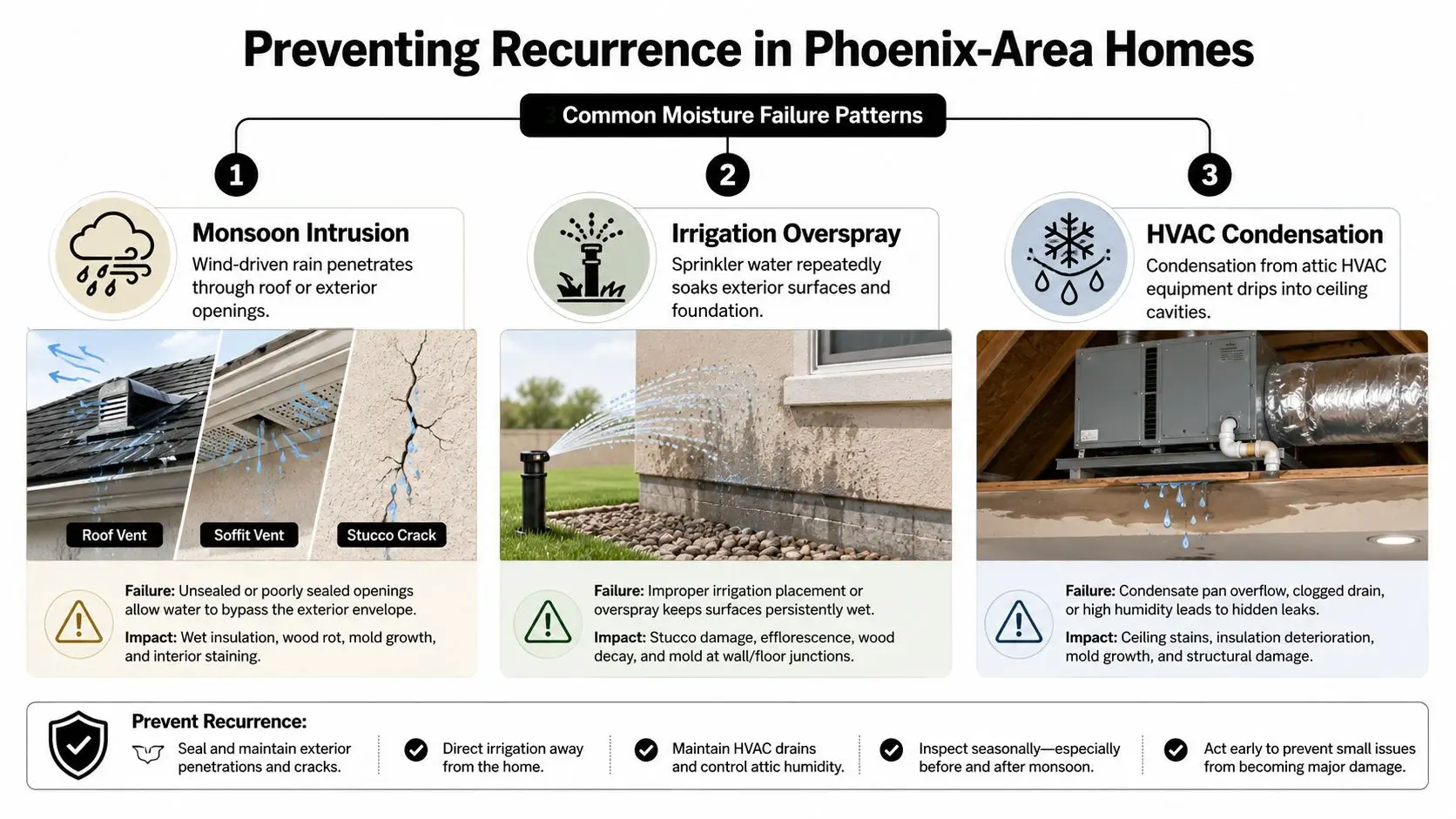 An infographic detailing common moisture failure patterns in Phoenix homes, including monsoon intrusion, irrigation overspray, and HVAC condensation.